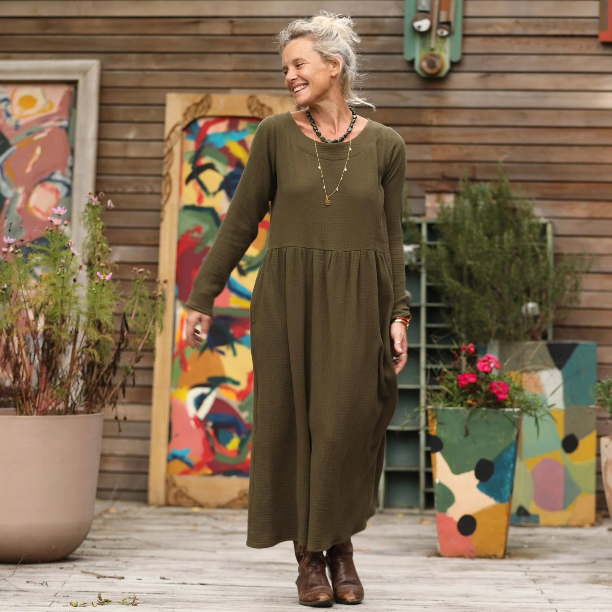 Robe Anaëlle - Double gaze de coton kaki - Image 5