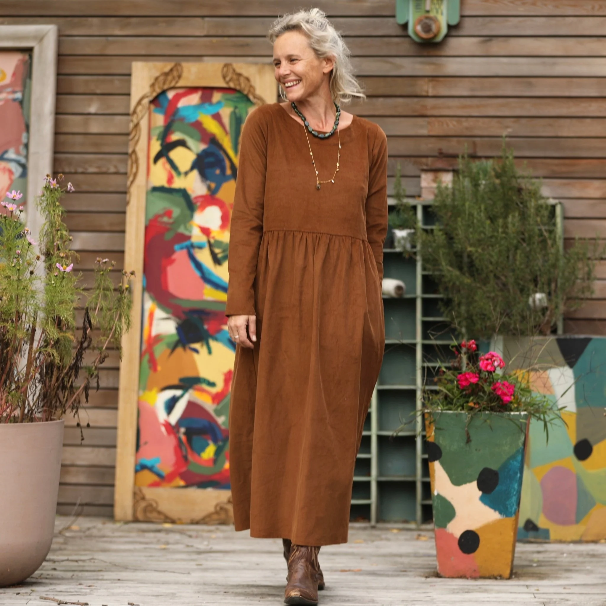 Robe Anaëlle - Velours milleraies Camel - Image 2