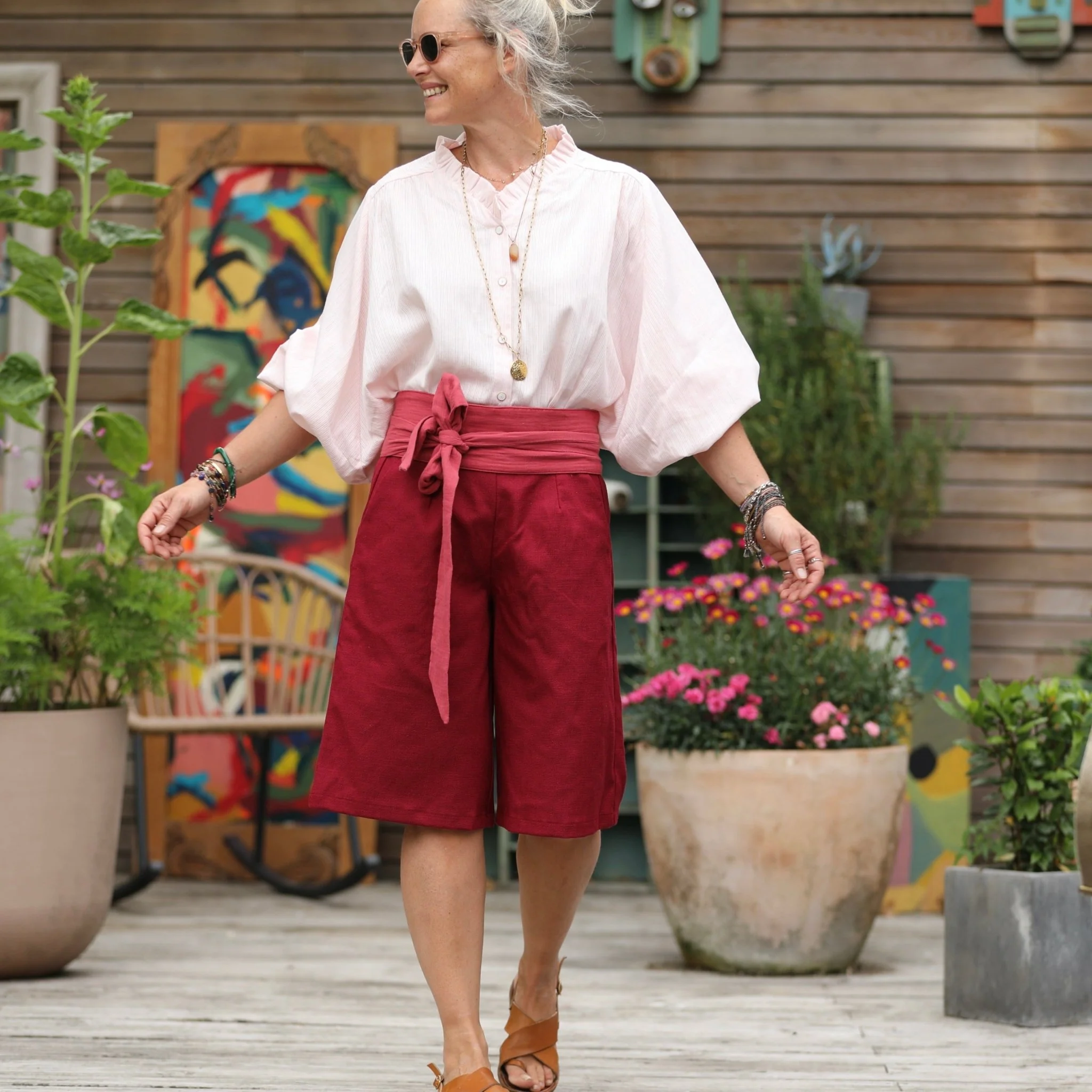 Bermuda Tomi - Toile coton/lin grenat - Image 6