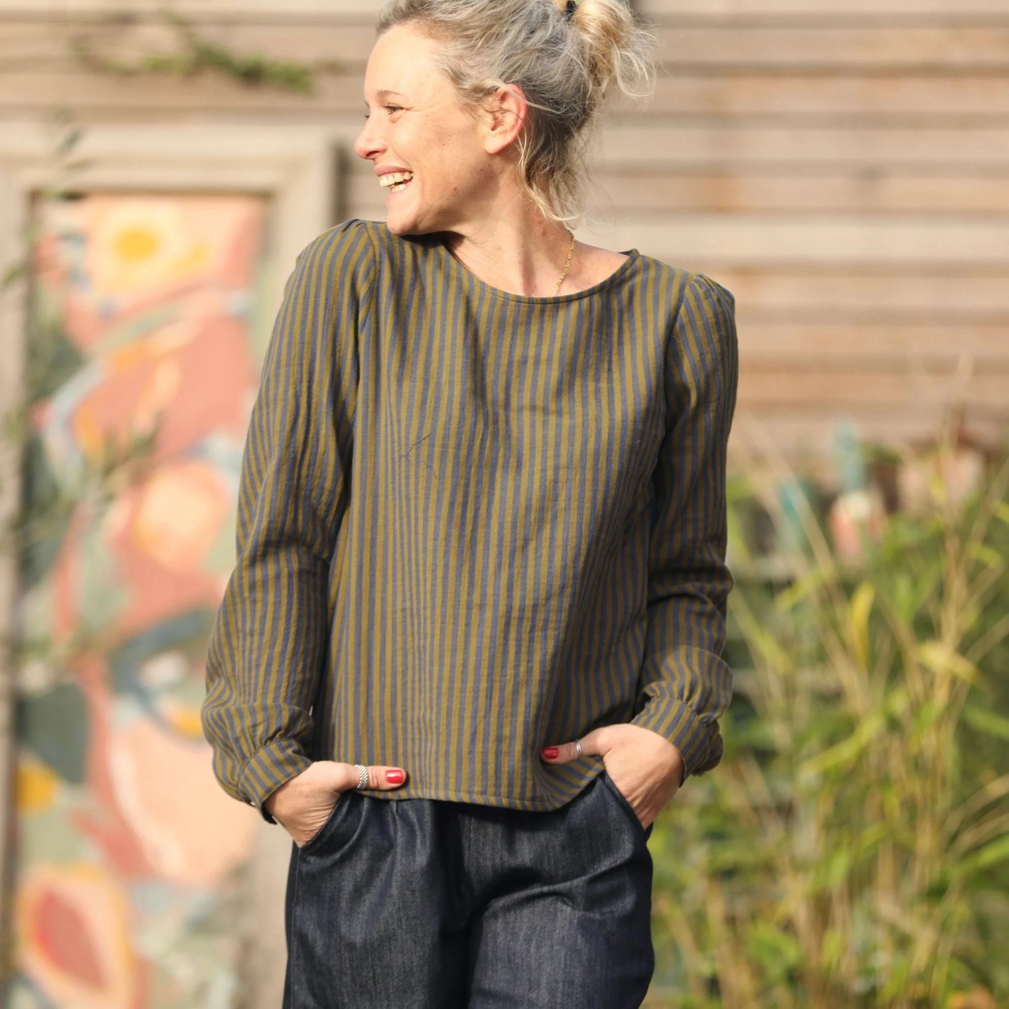 Blouse Amarante - double gaze de coton rayée kaki/marine - Image 5