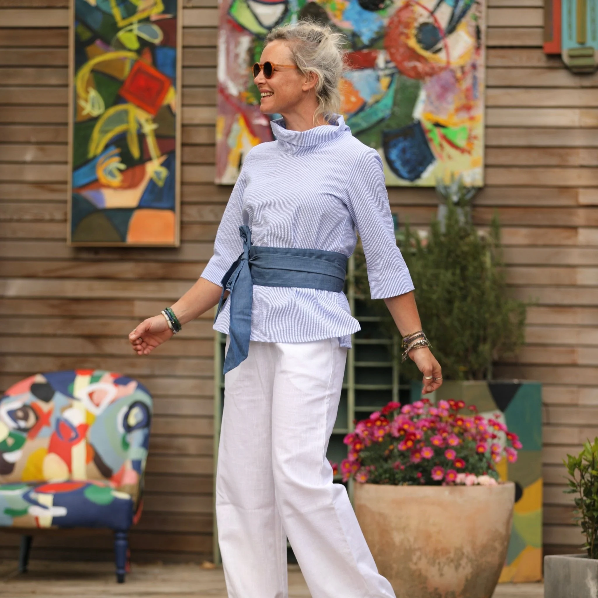 Blouse Catherine en seersucker de coton bleu/blanc - Image 11