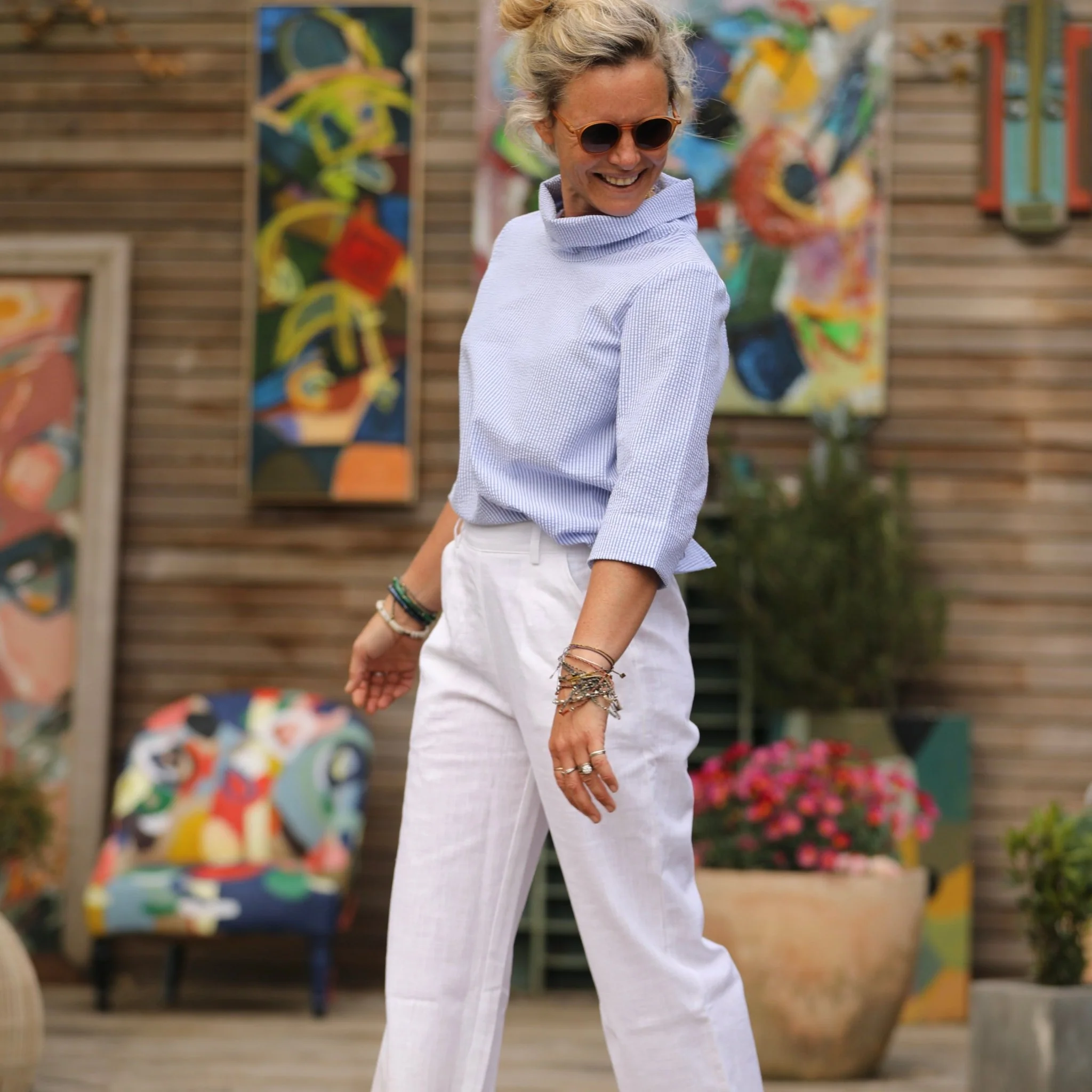 Blouse Catherine en seersucker de coton bleu/blanc - Image 12