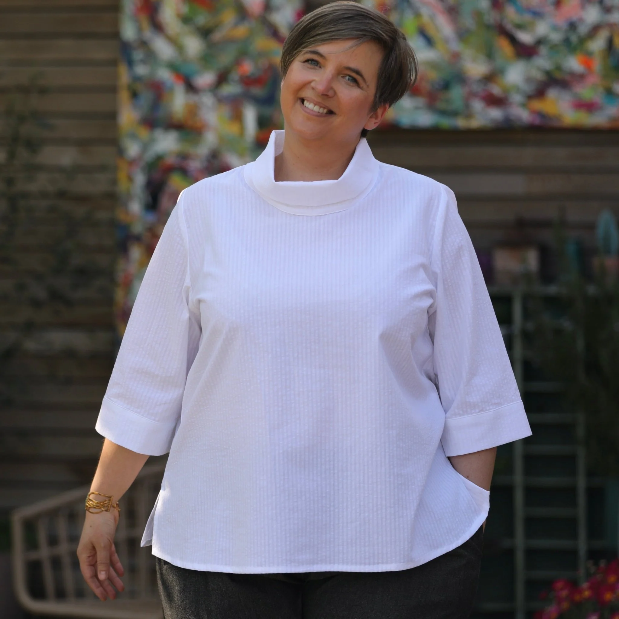 Blouse Catherine en seersucker de coton bleu/blanc - Image 13