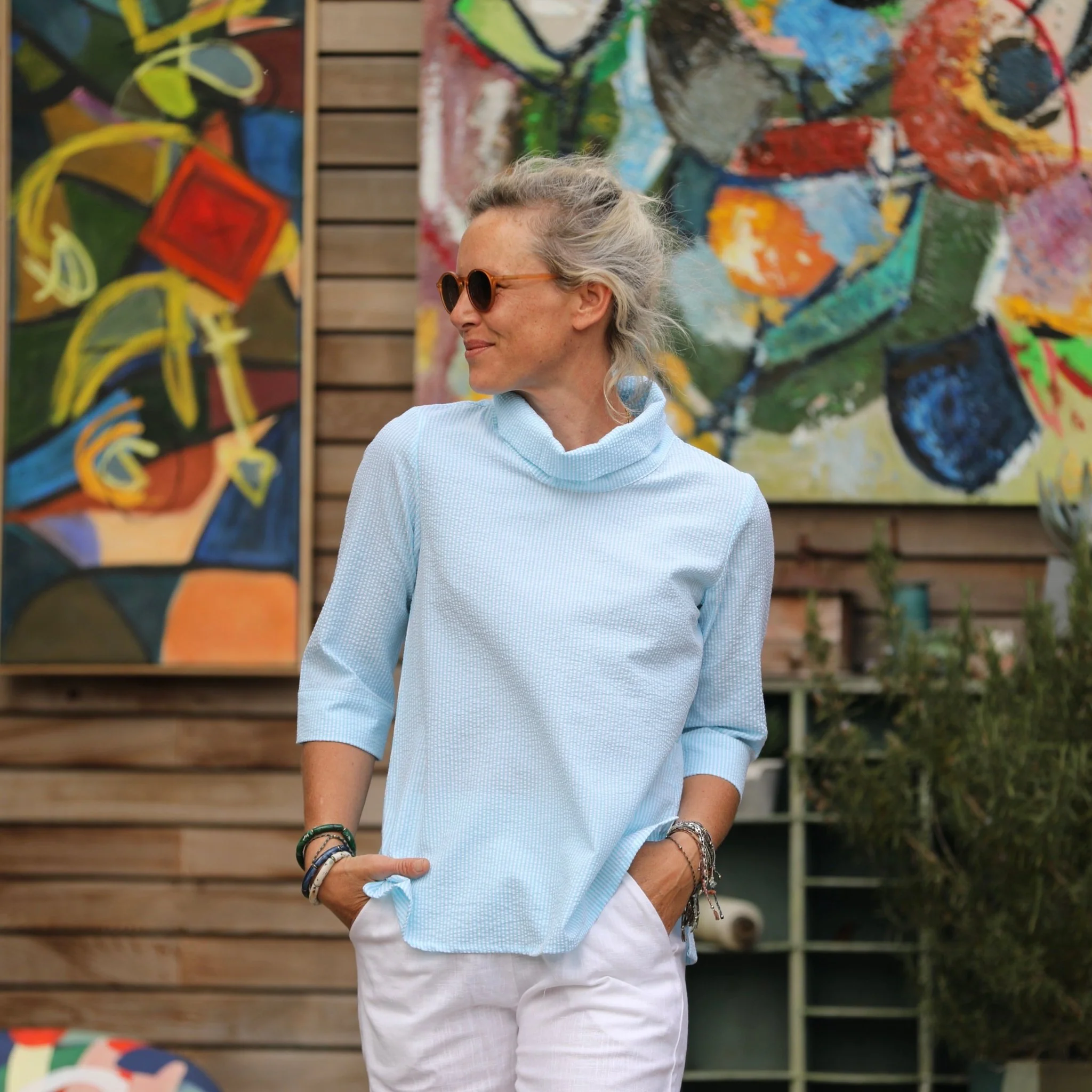 Blouse Catherine en seersucker de coton turquoise/blanc - Image 5