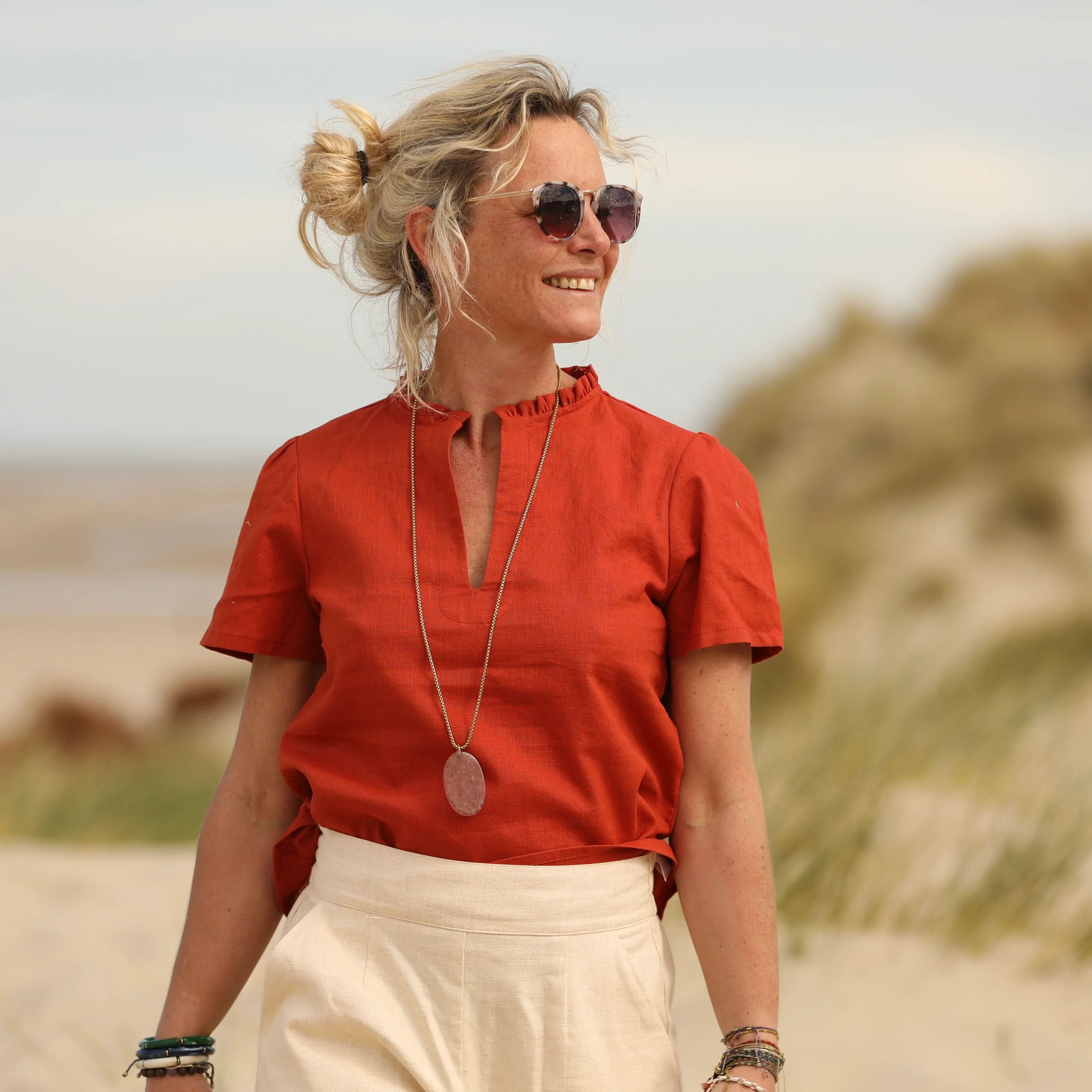 Blouse Ernestine en lin orange crépuscule