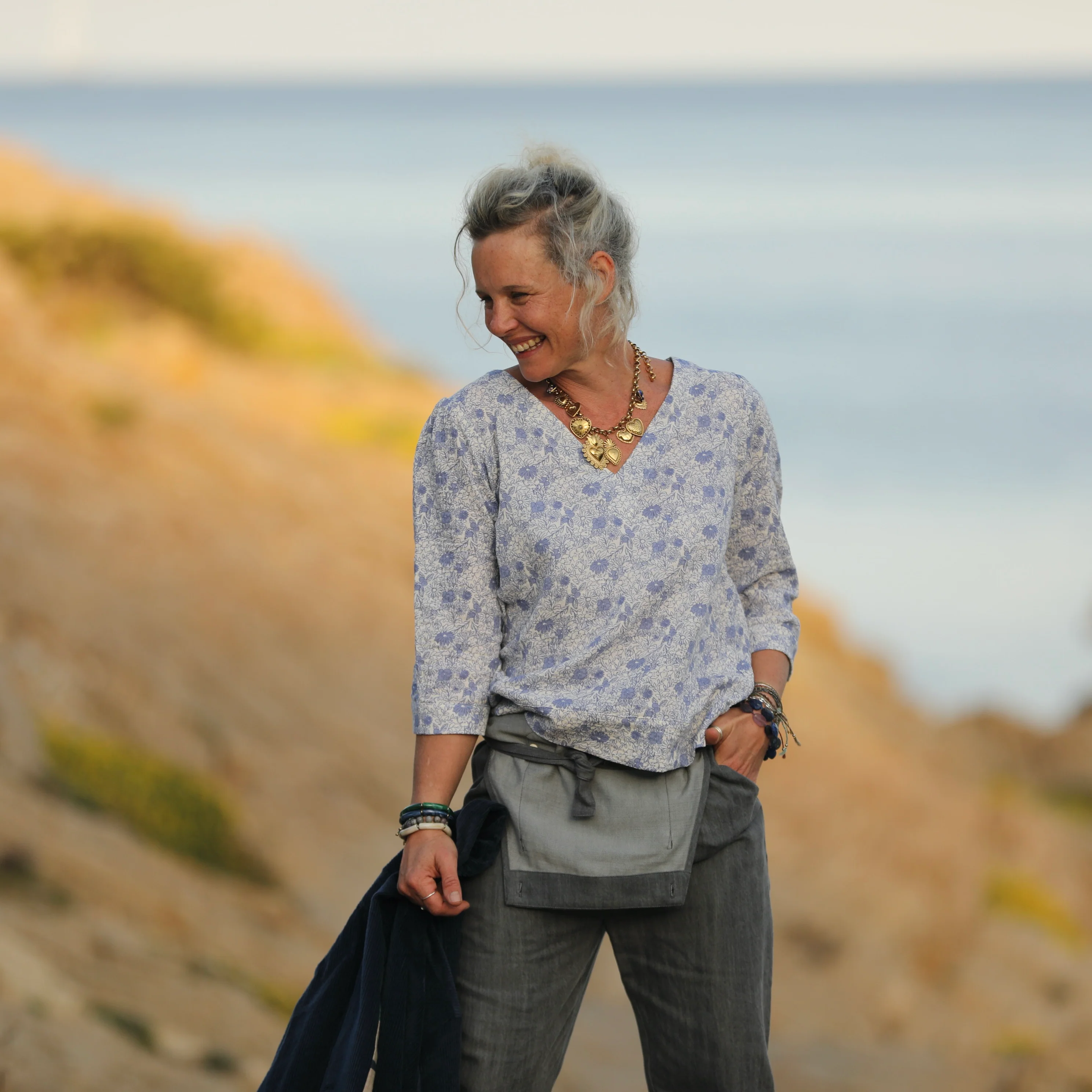 Blouse Eulalie col V - manches 3/4 - double gaze de coton chardon