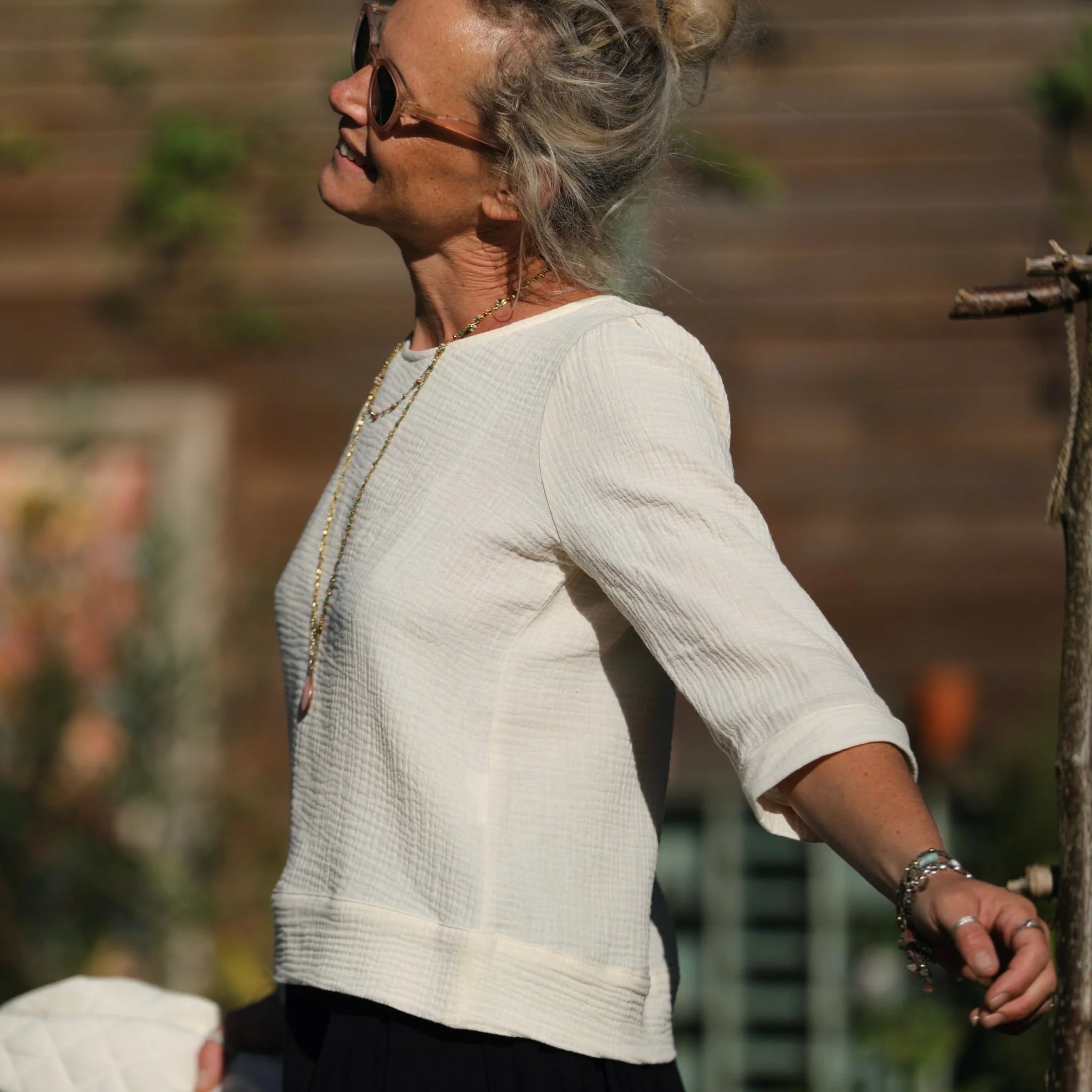 Blouse Eulalie col rond - manches 3/4 - double gaze de coton ivoire - Image 13