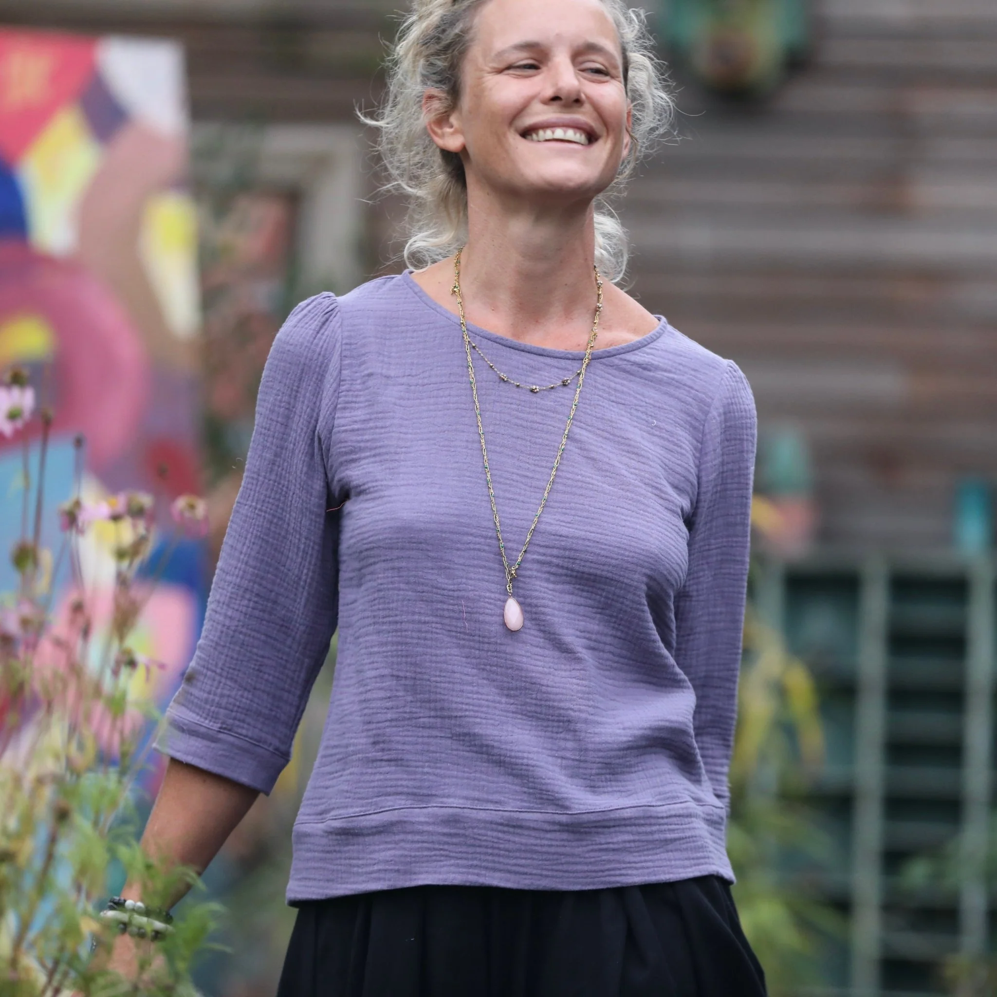 Blouse Eulalie col rond - manches 3/4 - double gaze de coton lavande - Image 3
