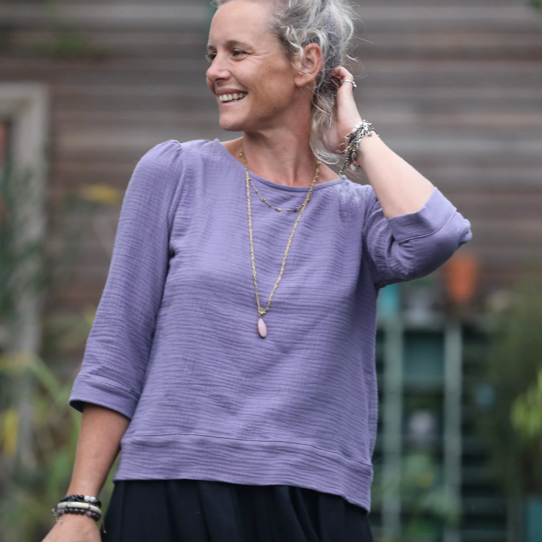 Blouse Eulalie col rond - manches 3/4 - double gaze de coton lavande - Image 4