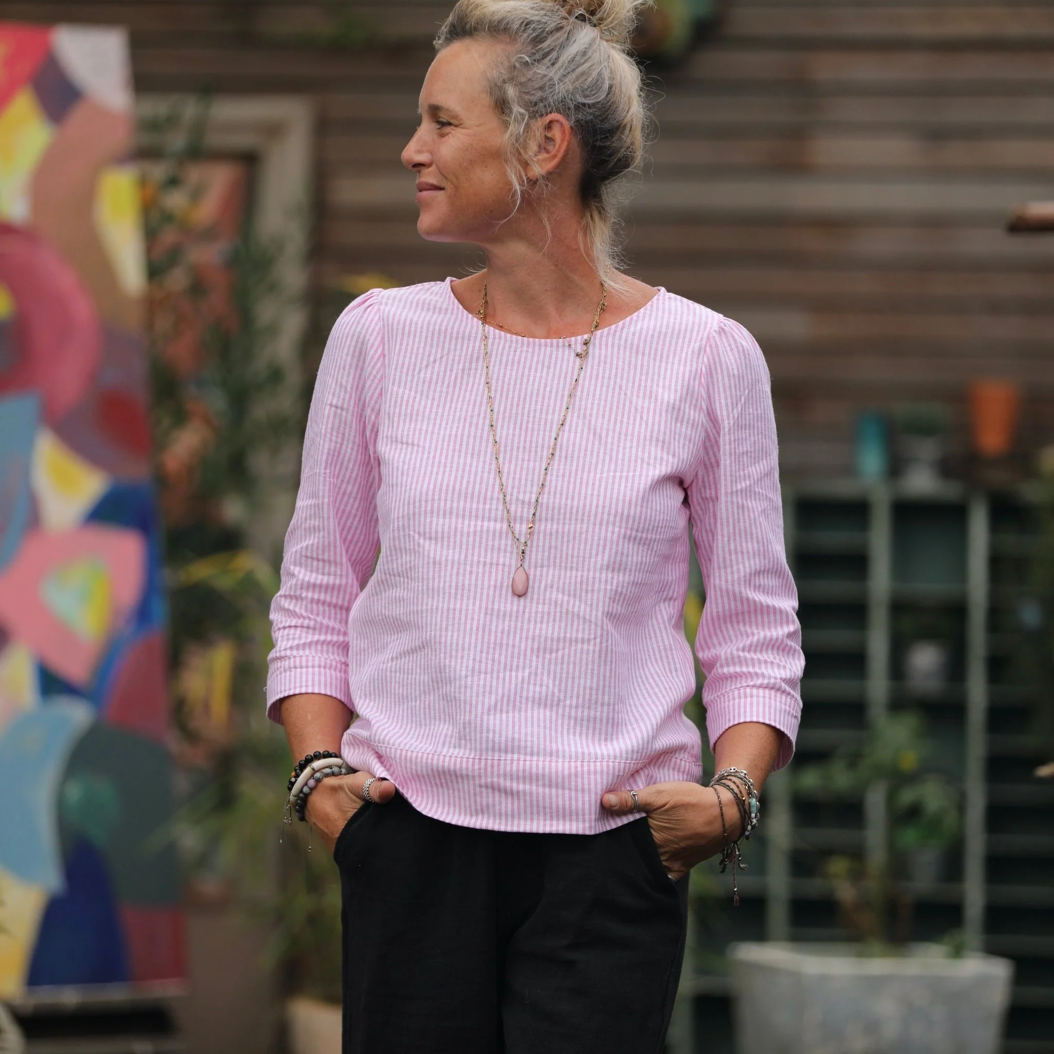 Blouse Eulalie col rond - manches 3/4 - rayure lin/coton rose-blanche - Image 3