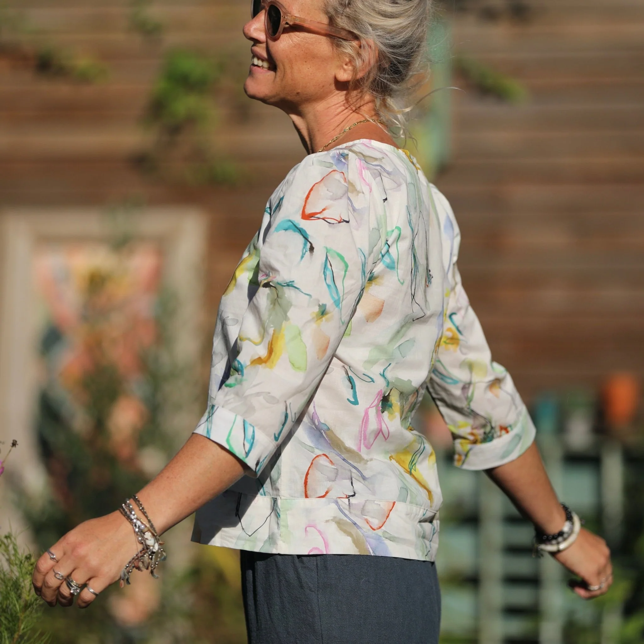 Blouse Eulalie col rond - manches 3/4 - voile de coton tableau fleuri - Image 9
