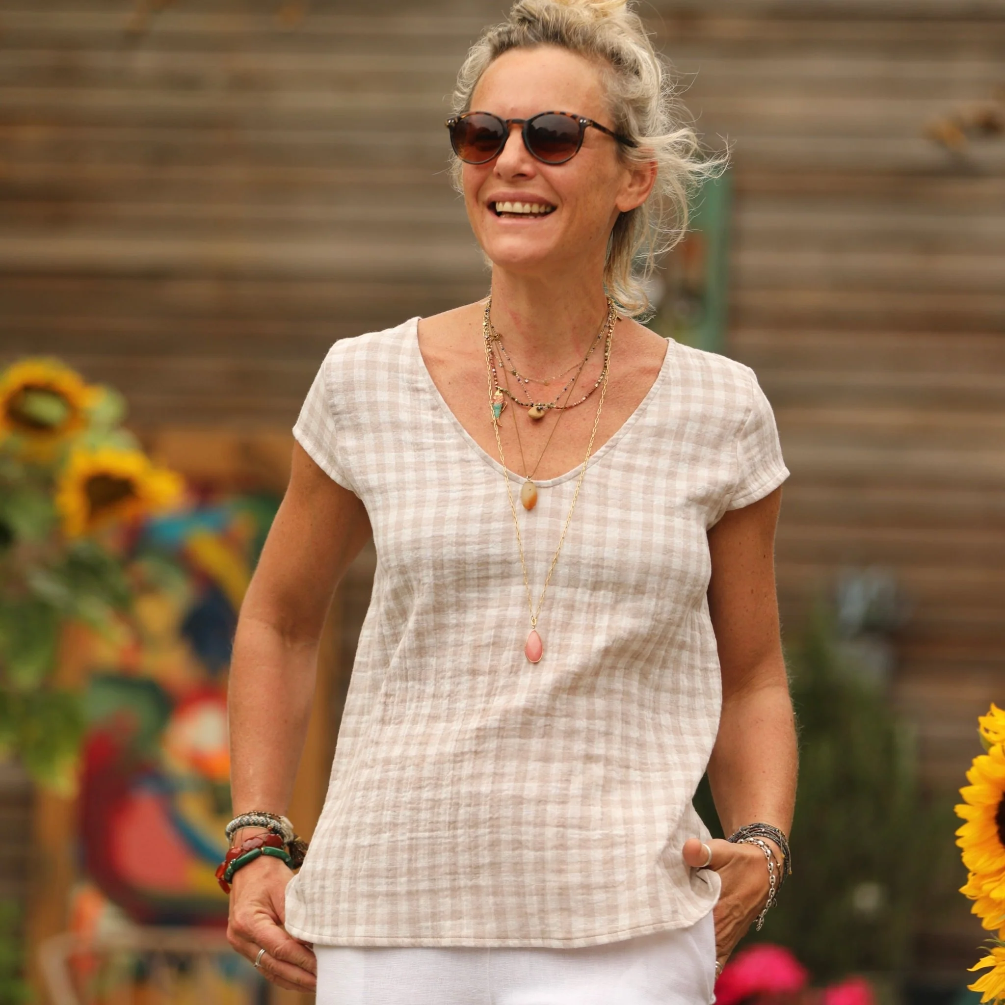Blouse Sidonie double gaze de coton à carreaux ficelle