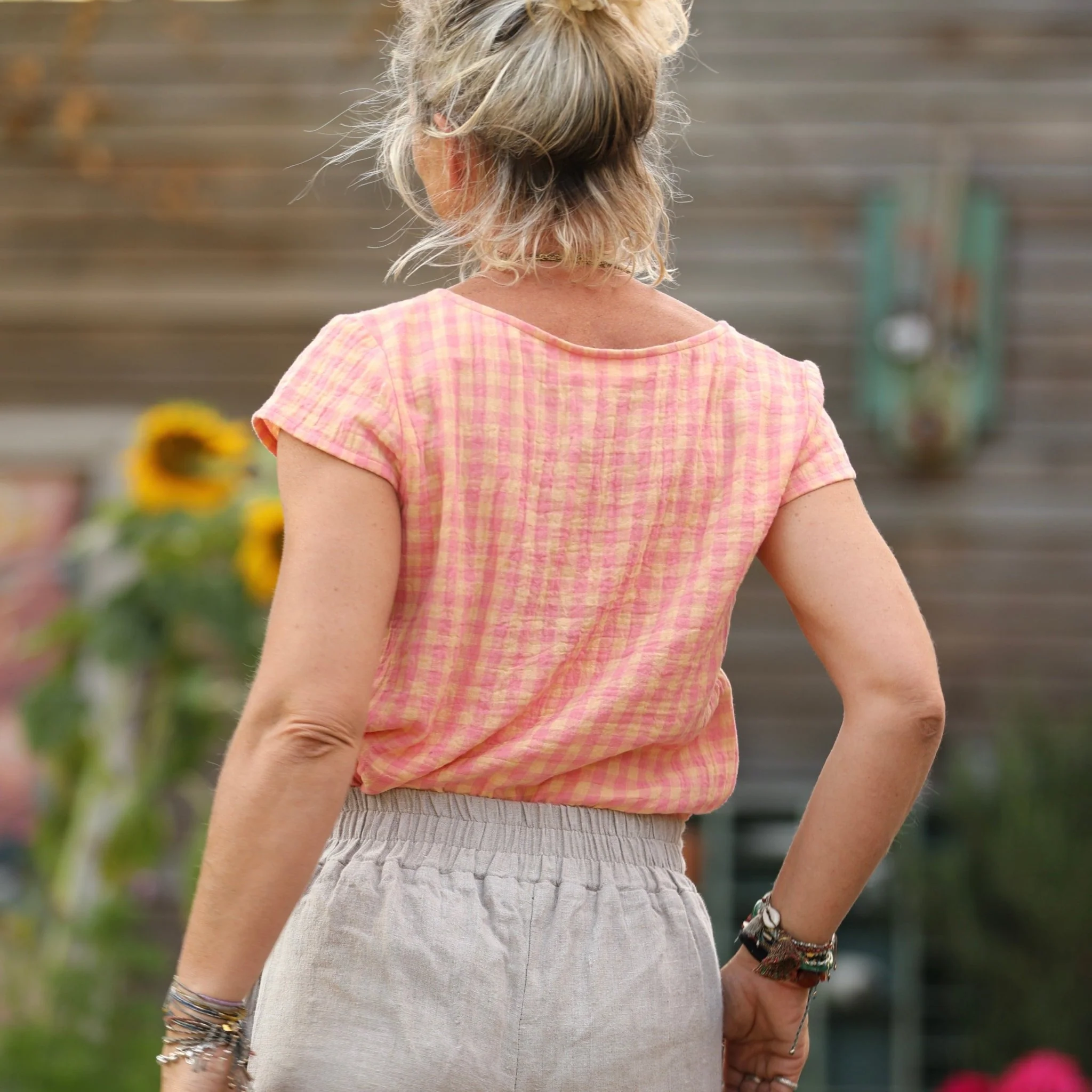 Blouse Sidonie double gaze de coton carreaux rose orangé - Image 13
