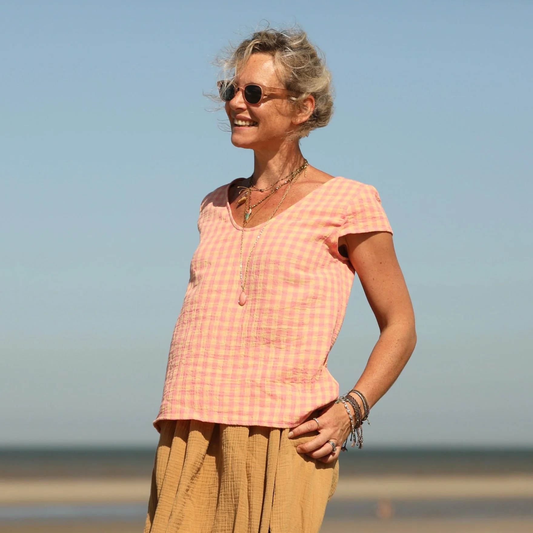 Blouse Sidonie double gaze de coton carreaux rose orangé - Image 14