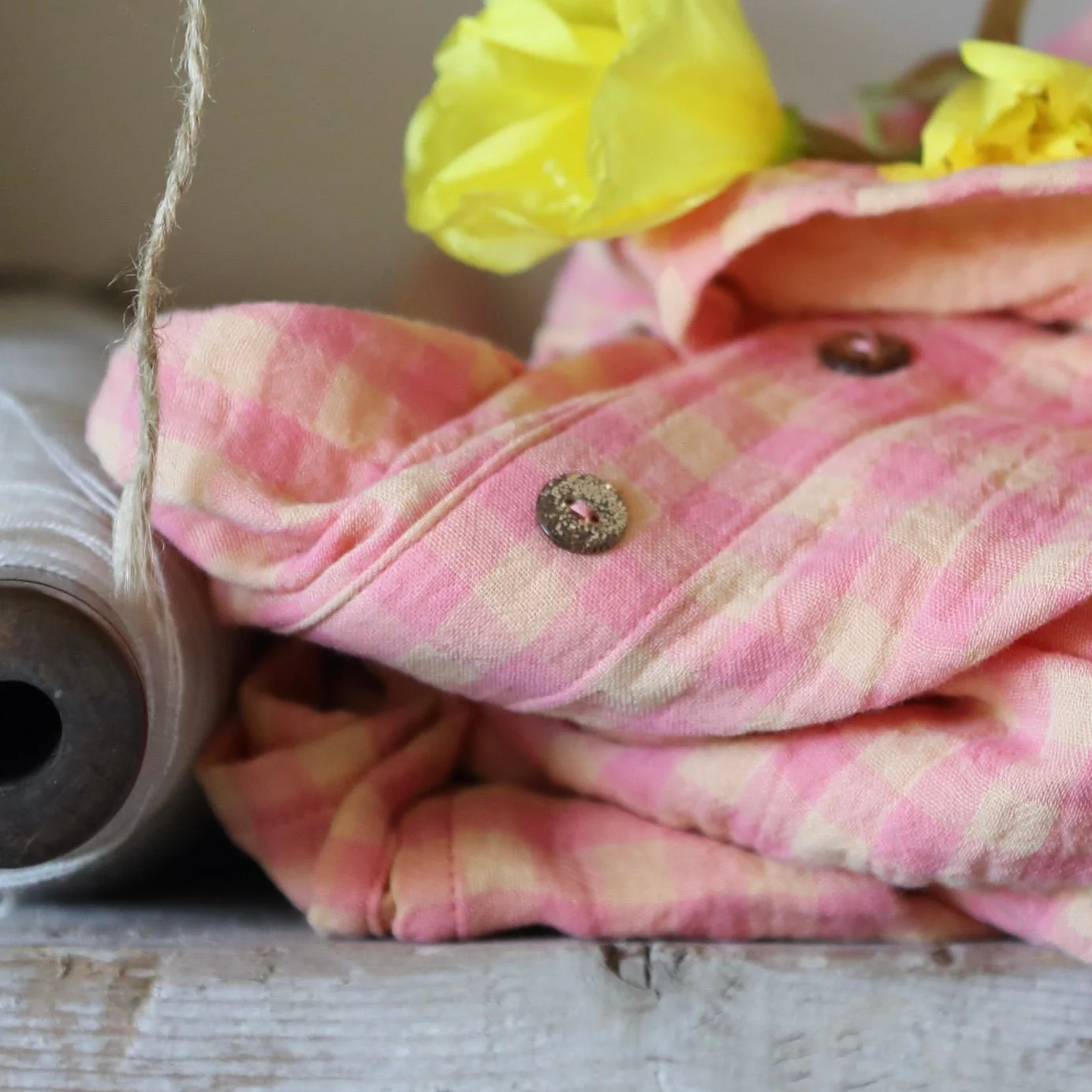 Blouse Sidonie double gaze de coton carreaux rose orangé - Image 2