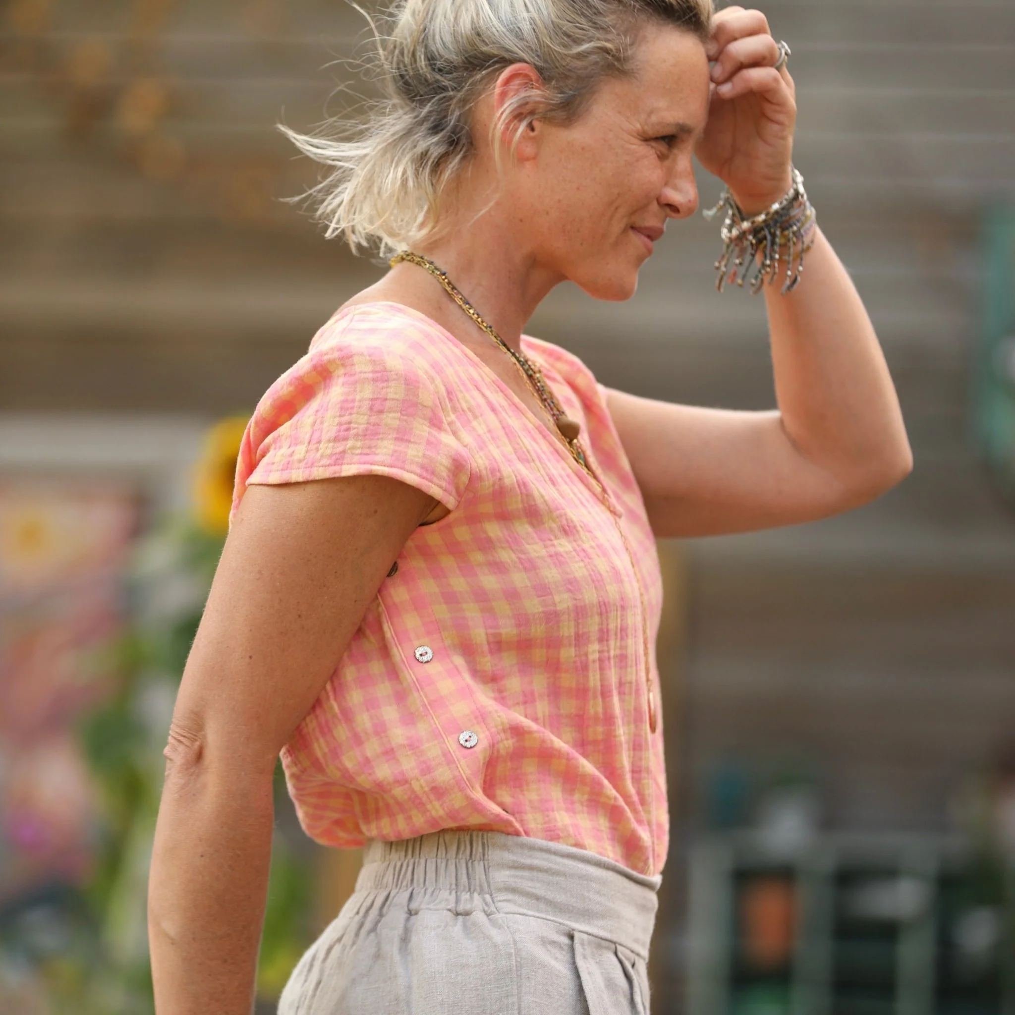 Blouse Sidonie double gaze de coton carreaux rose orangé - Image 3
