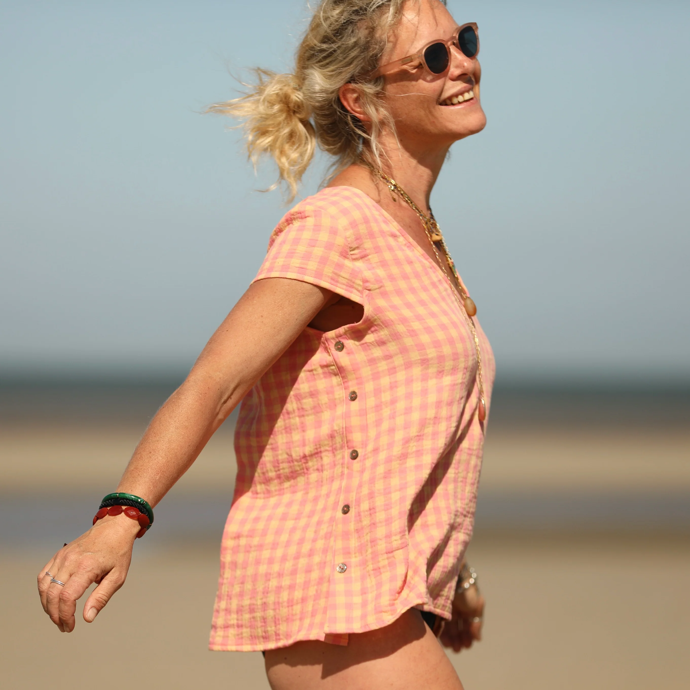 Blouse Sidonie double gaze de coton carreaux rose orangé - Image 4