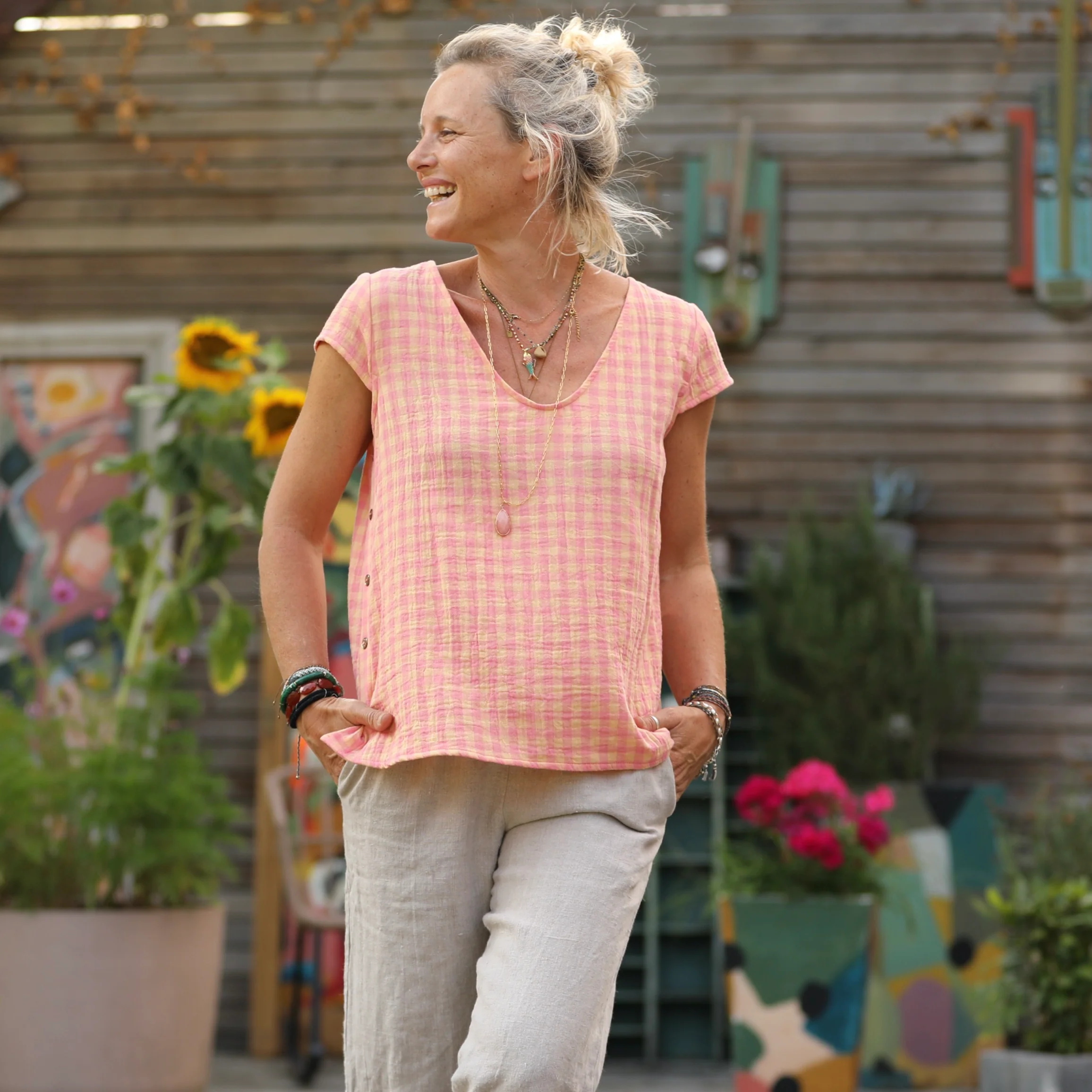 Blouse Sidonie double gaze de coton carreaux rose orangé - Image 5