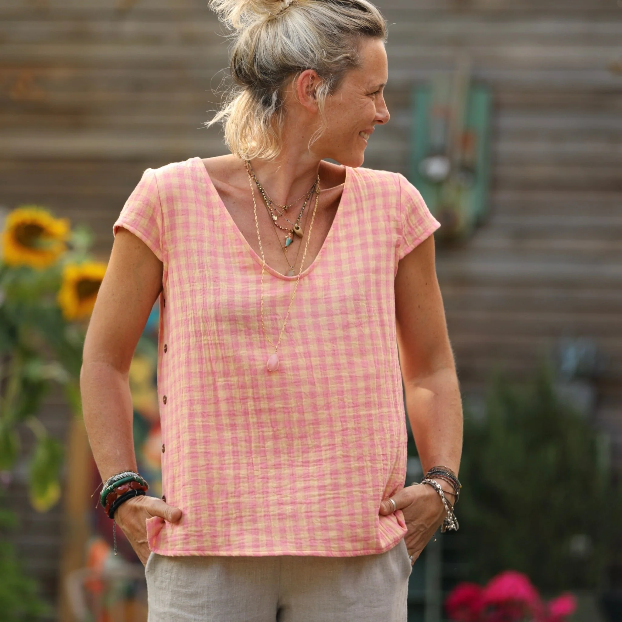 Blouse Sidonie double gaze de coton carreaux rose orangé - Image 7