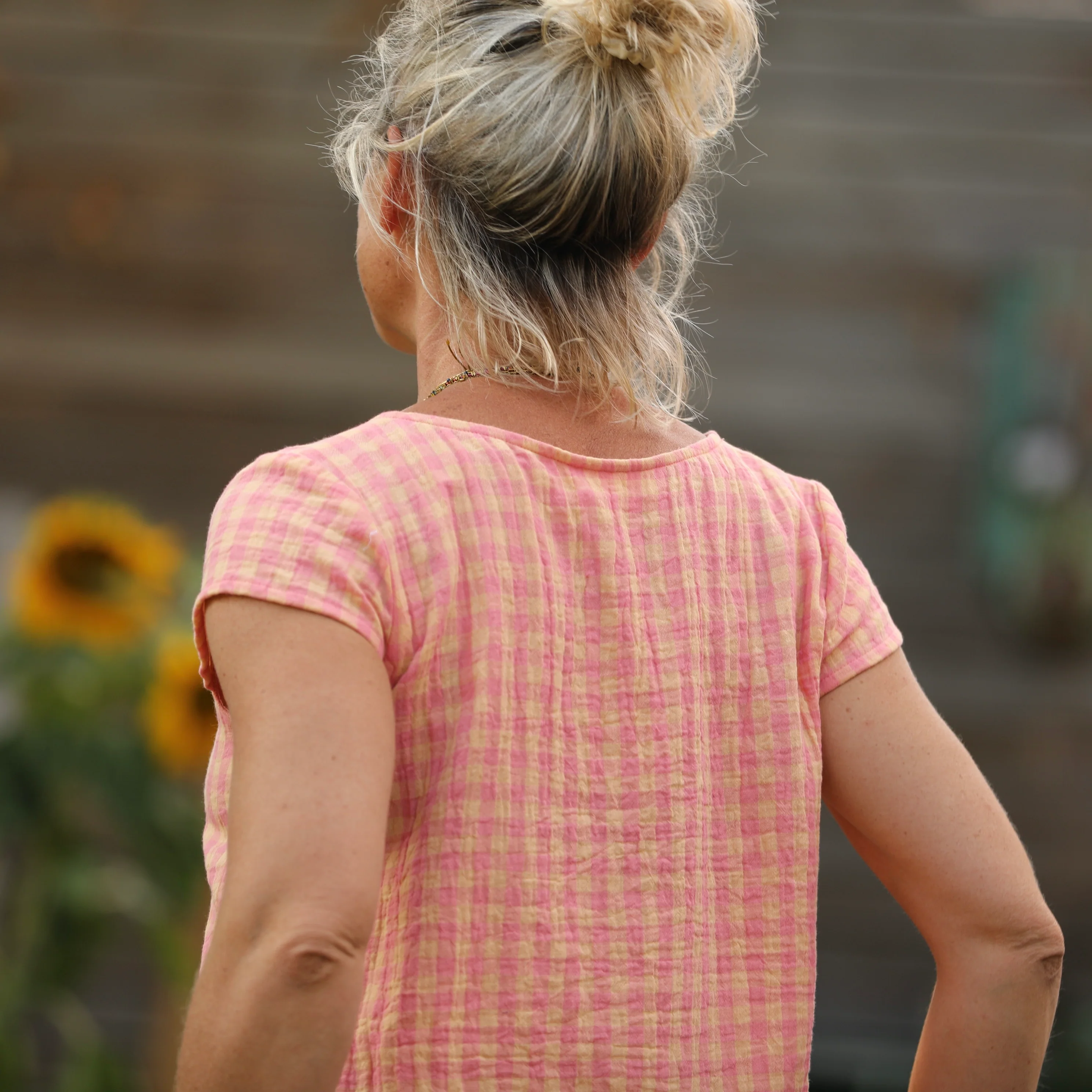 Blouse Sidonie double gaze de coton carreaux rose orangé - Image 9