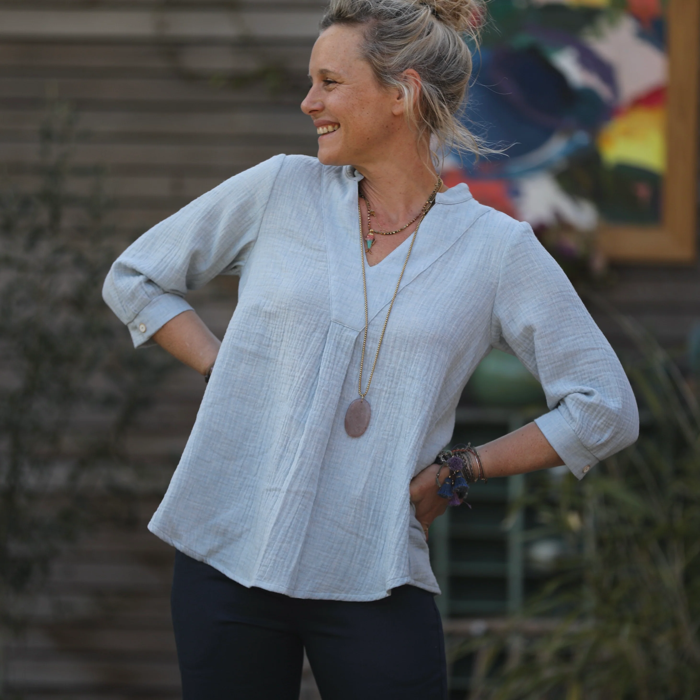 Blouse Isabeau - double gaze de coton chinée bleu doux - Image 8