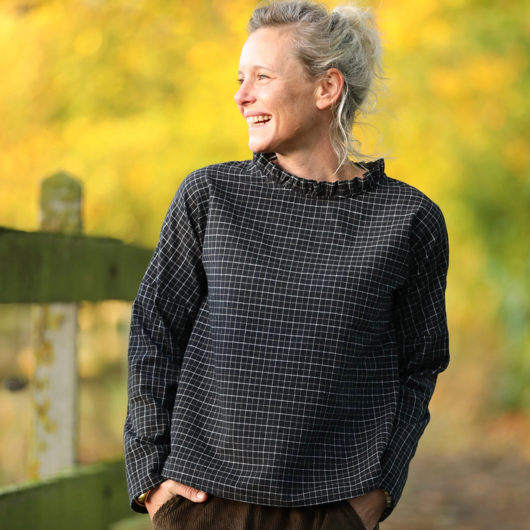 Blouse Janelle – Flanelle tartan noir, ivoire et camel