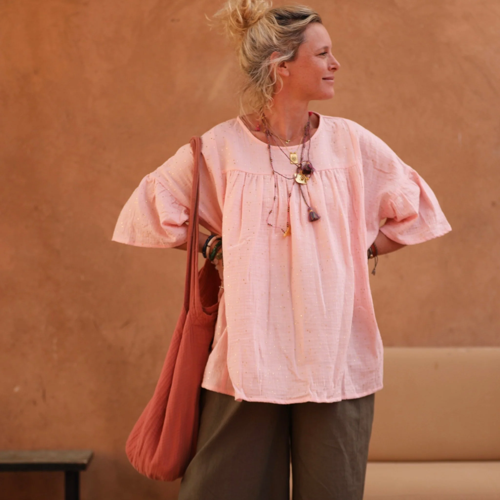Blouse Léopoldine - double gaze de coton rose plumetis or - Image 5