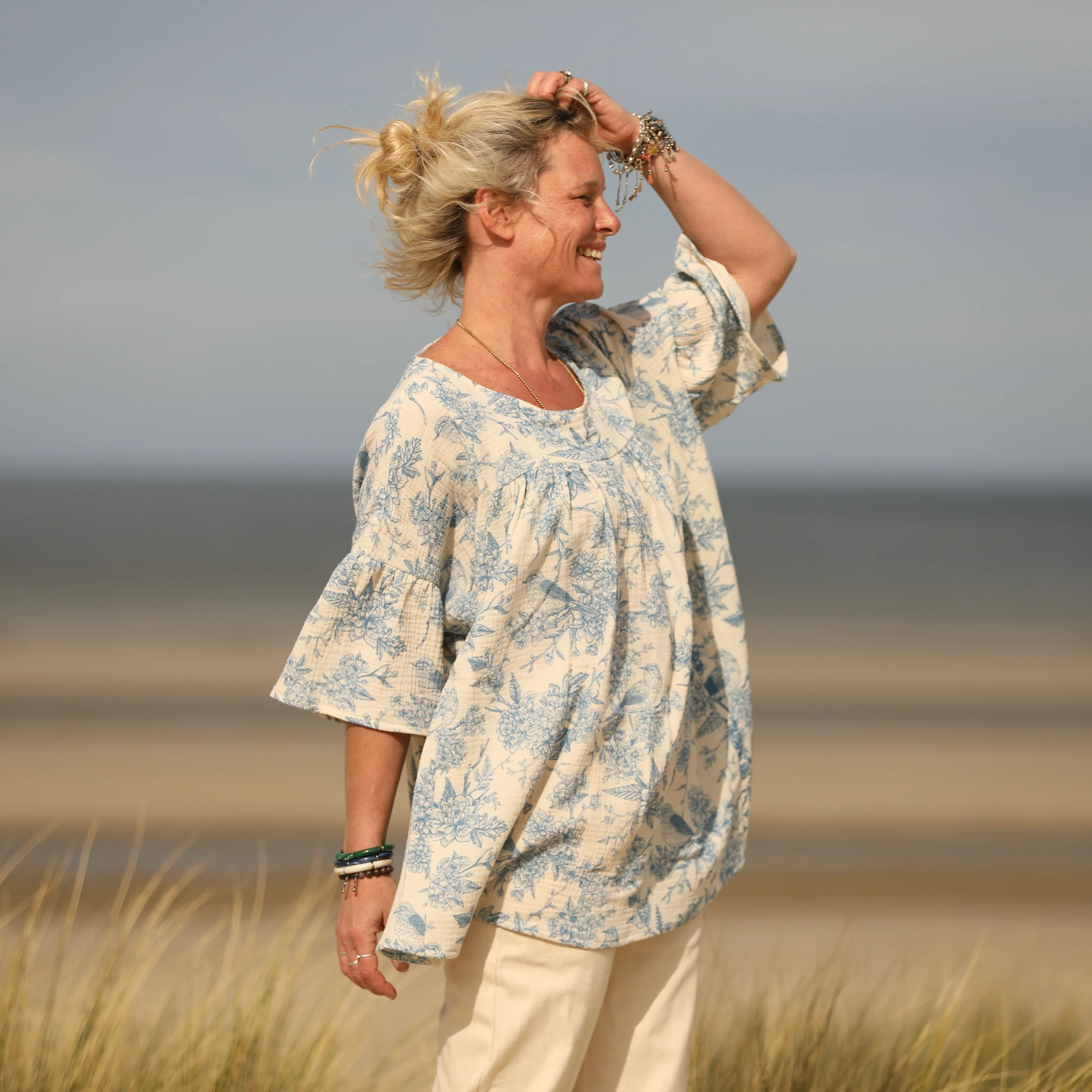 Blouse Léopoldine - double gaze de coton Rouge gorge bleu - Image 3