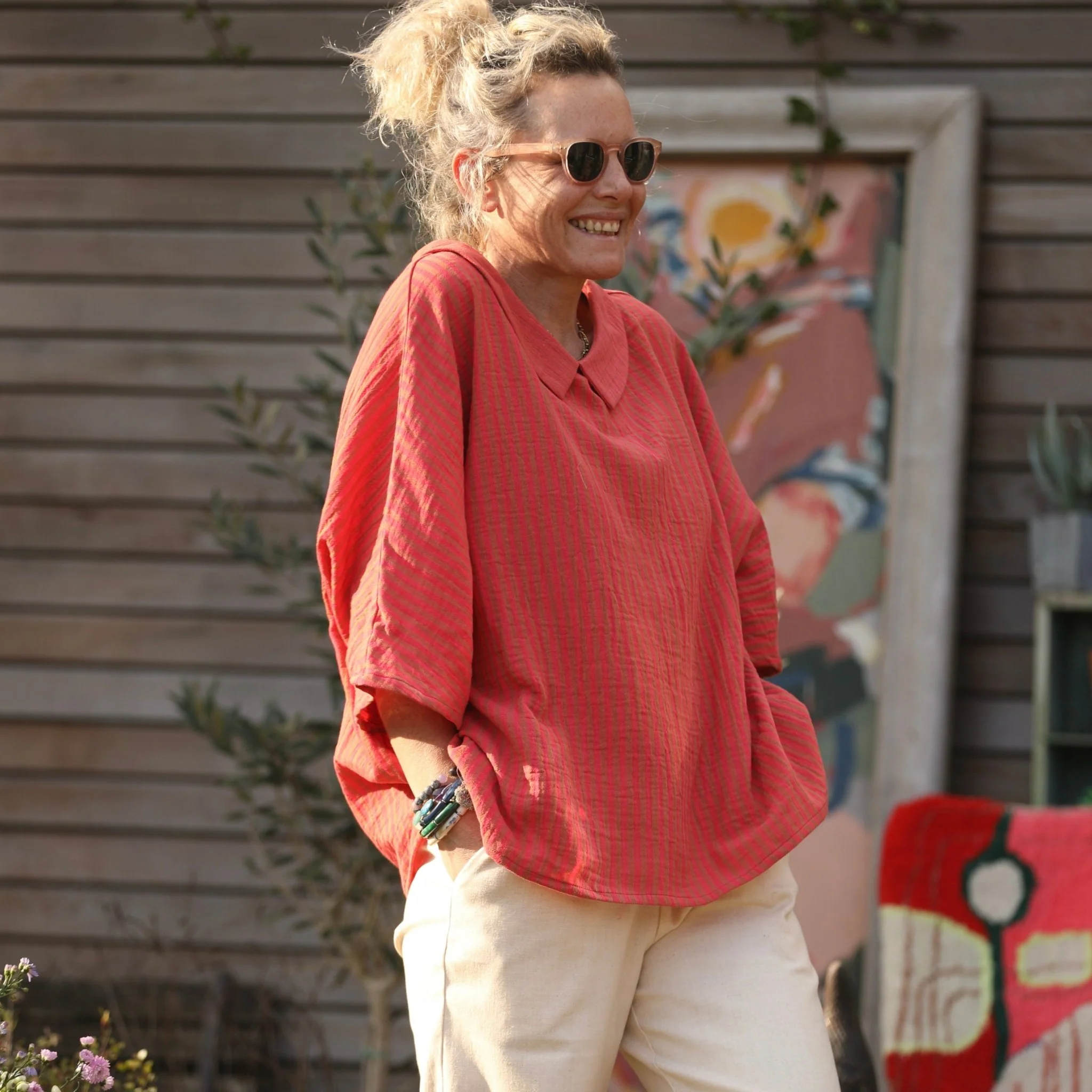 Blouse Myriem - double gaze de coton rayée corail/camel - Image 4