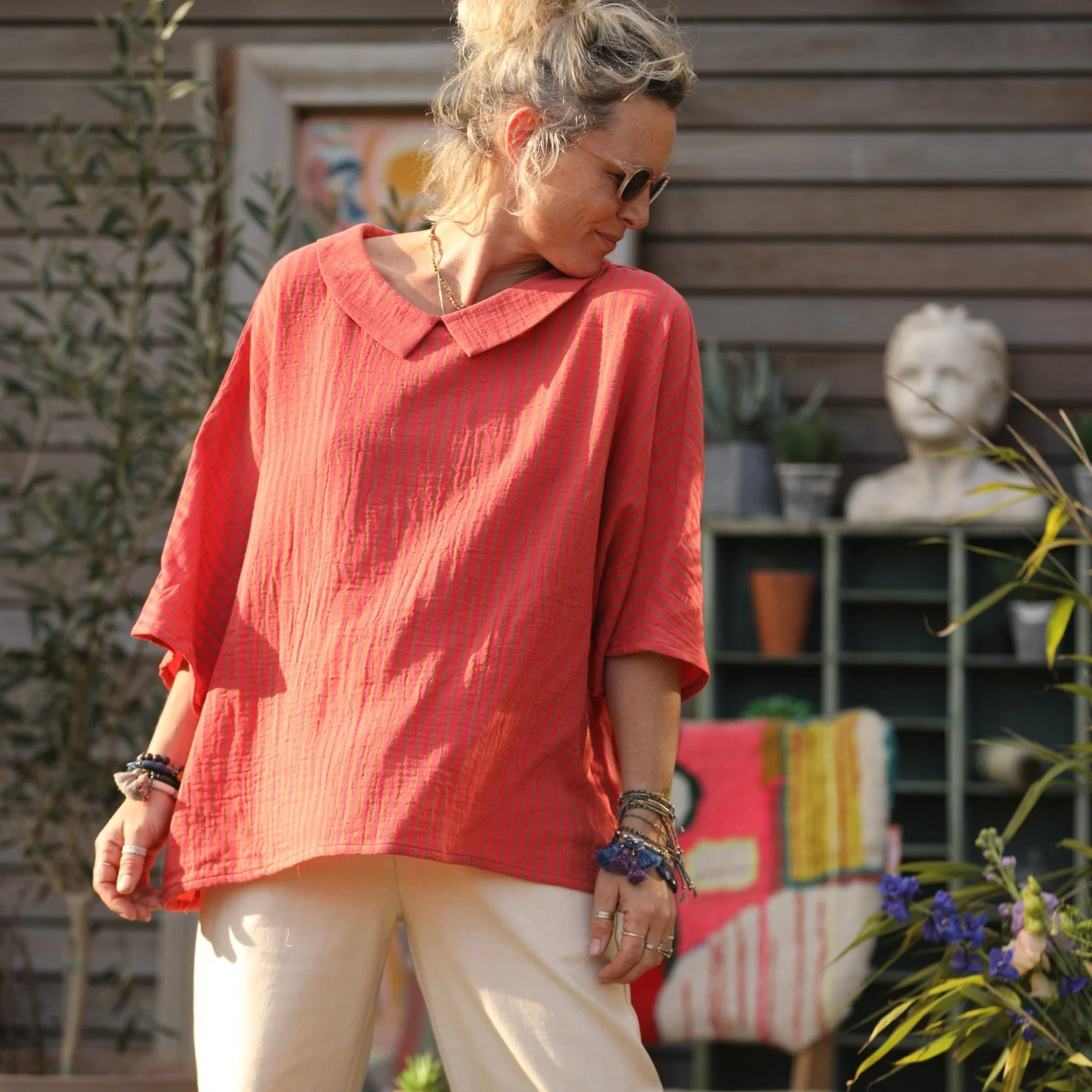 Blouse Myriem - double gaze de coton rayée corail/camel - Image 6