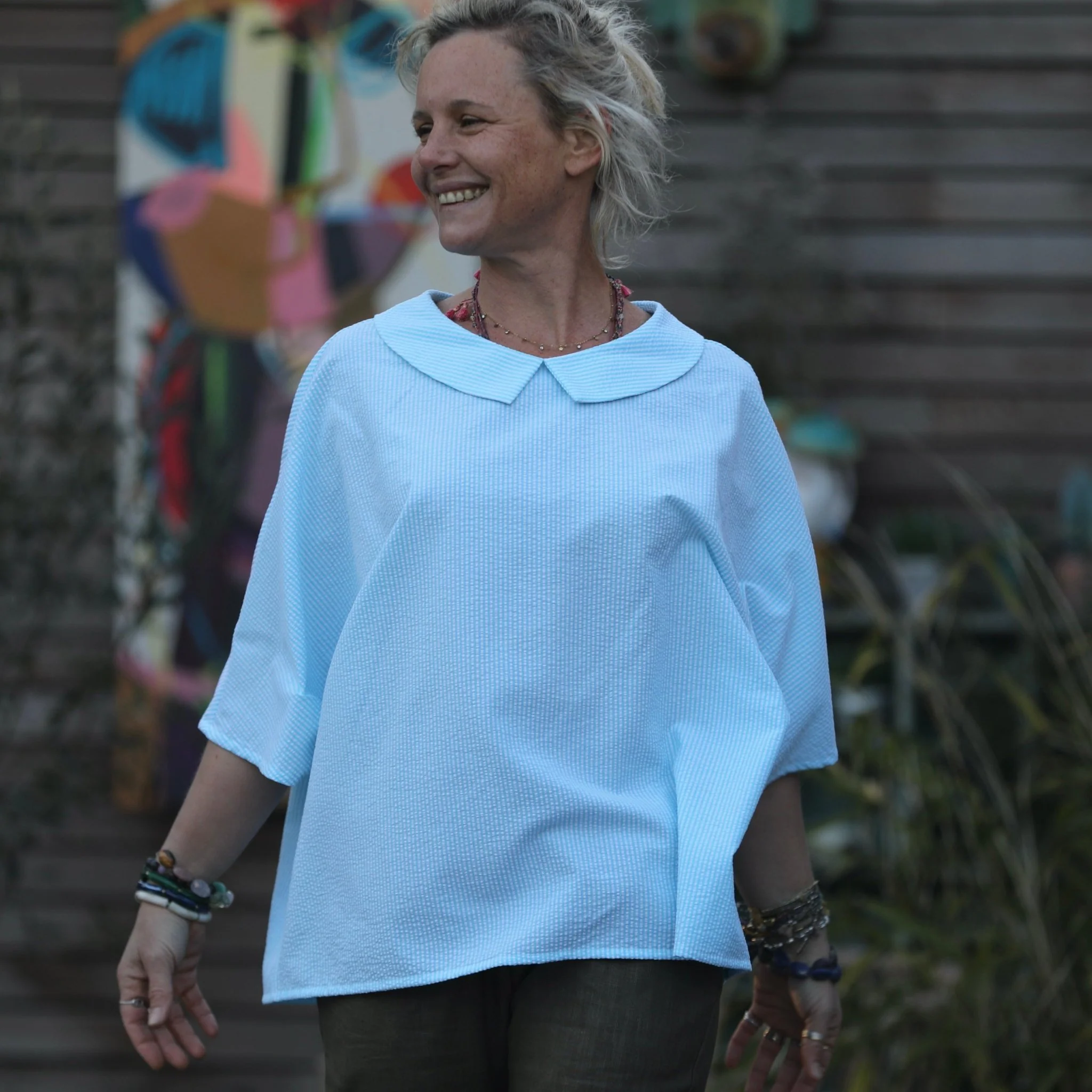 Blouse Myriem - seersucker rayé turquoise/blanc - Image 3