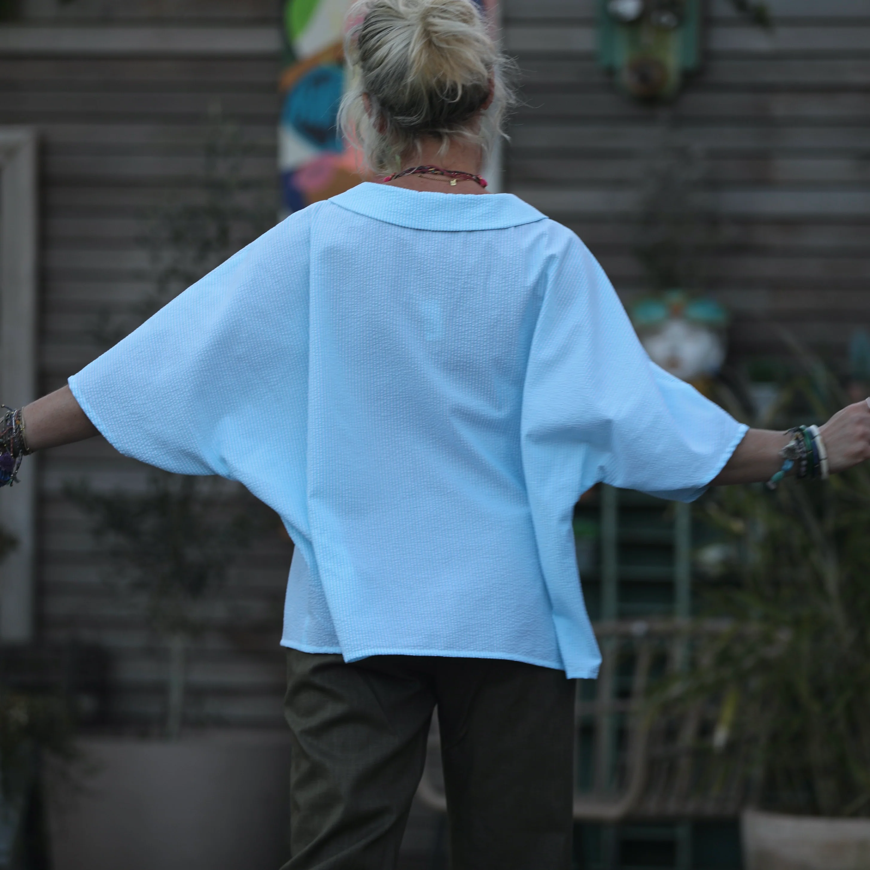 Blouse Myriem - seersucker rayé turquoise/blanc - Image 5