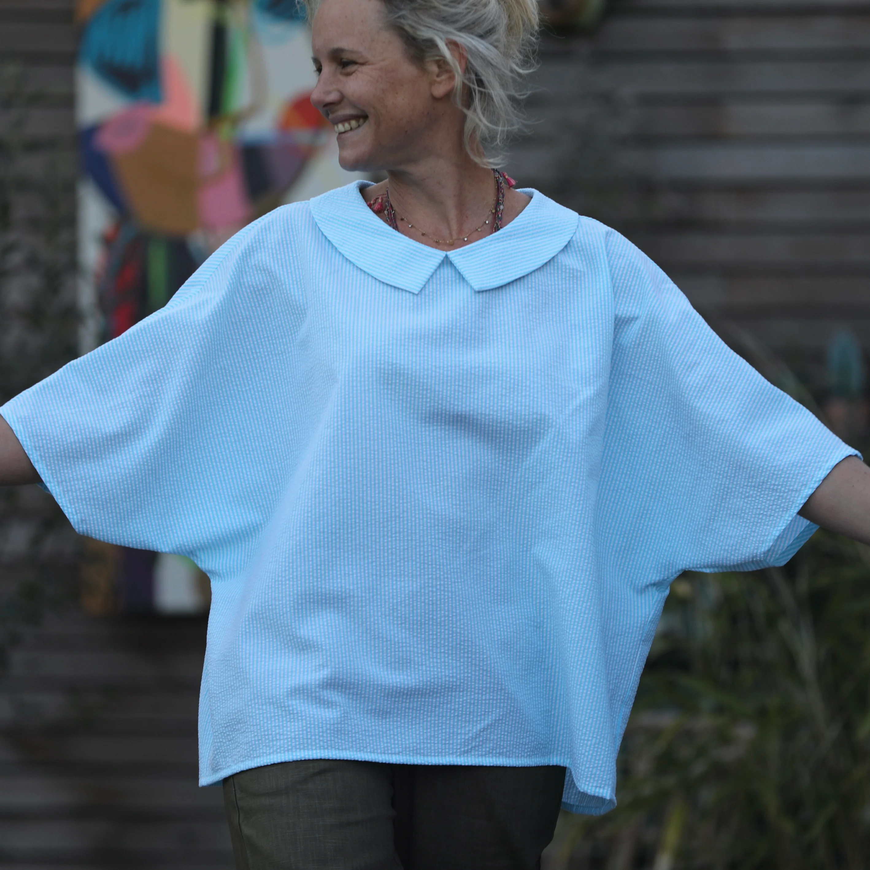 Blouse Myriem - seersucker rayé turquoise/blanc - Image 8