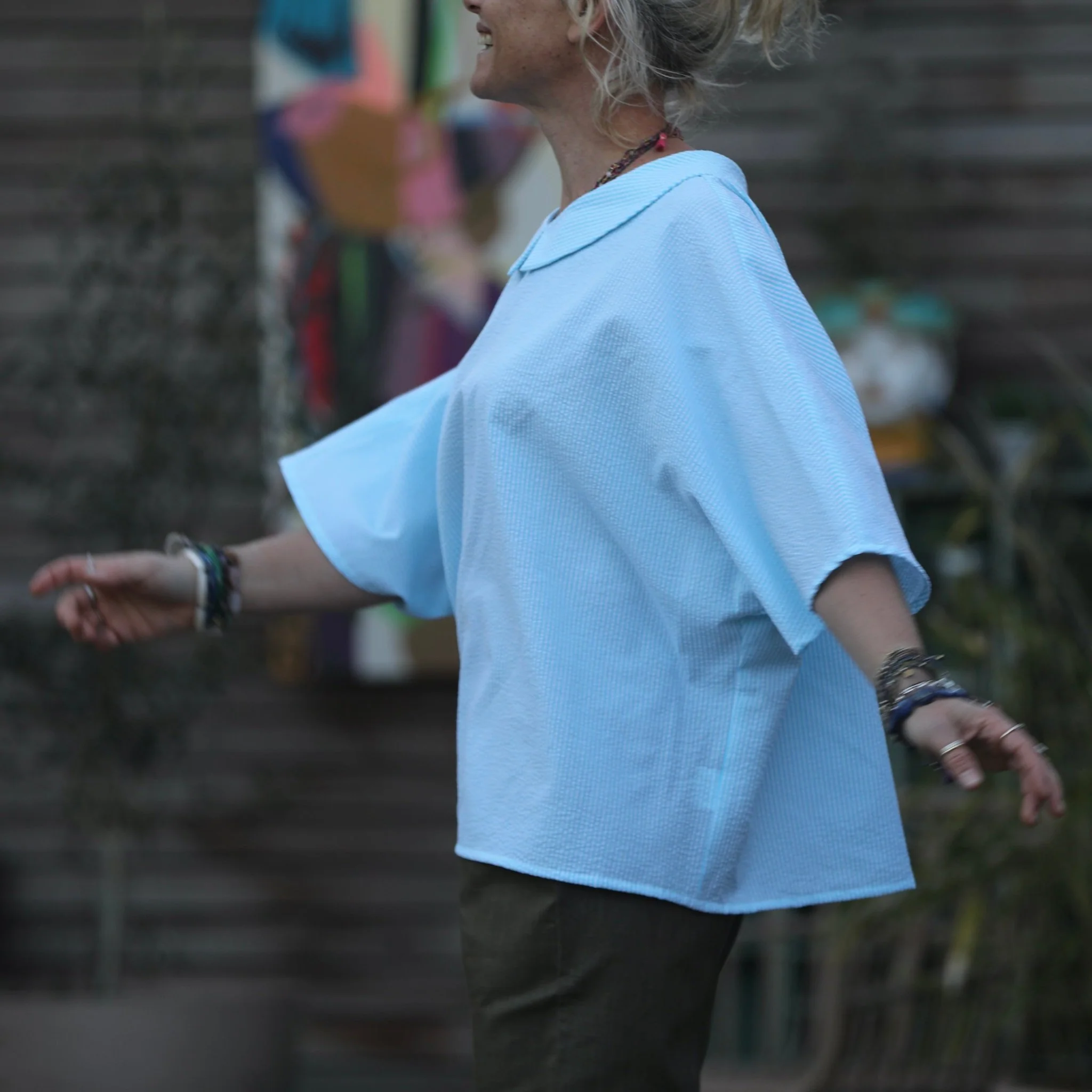 Blouse Myriem - seersucker rayé turquoise/blanc - Image 9