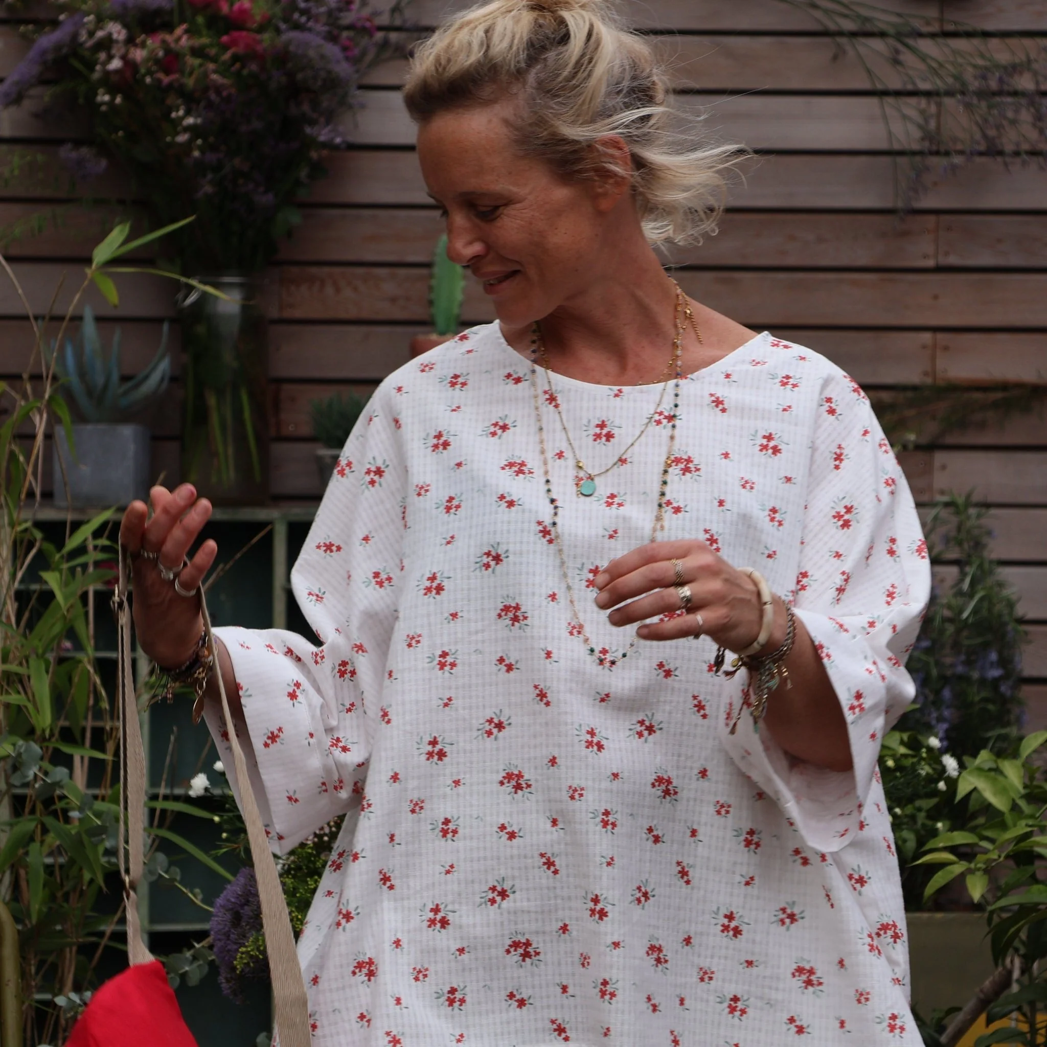 Blouse Nao double gaze de coton quadrillée coquelicot - Image 5