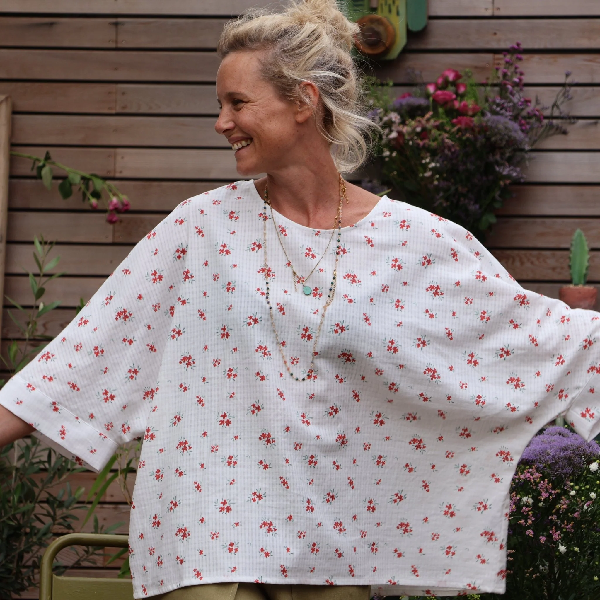 Blouse Nao double gaze de coton quadrillée coquelicot - Image 6