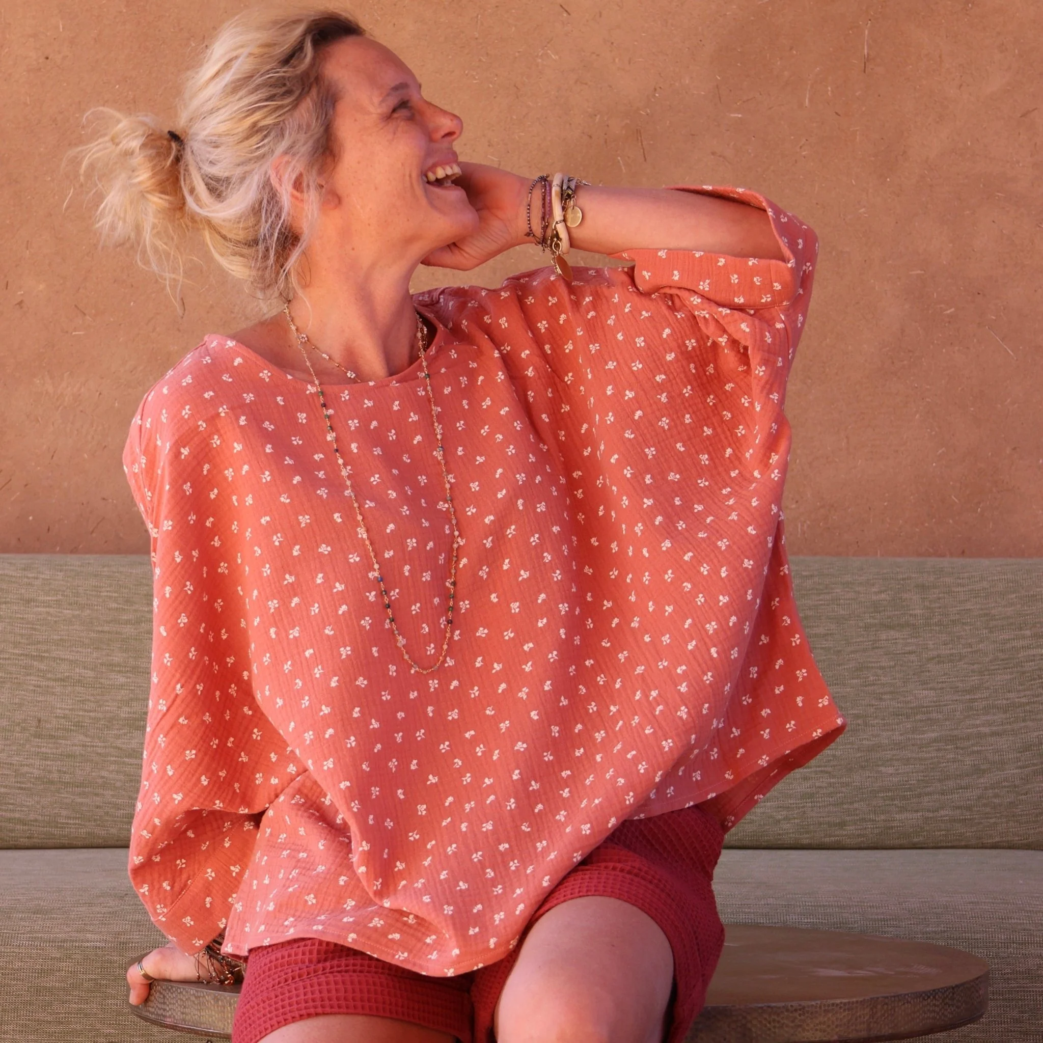 Blouse Nao double gaze de coton rose boisé "feuillage"