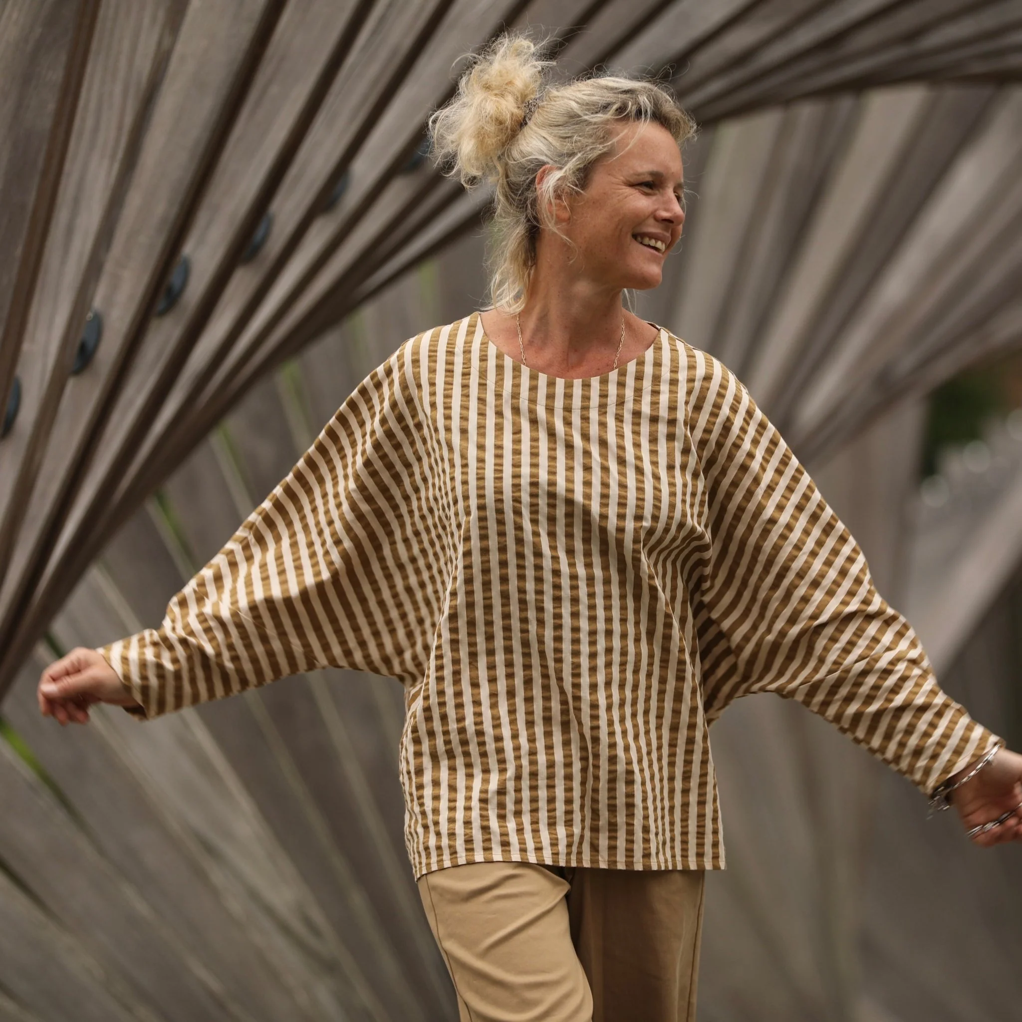 Blouse Naomie - Seeresucker de coton rayé camel/ivoire