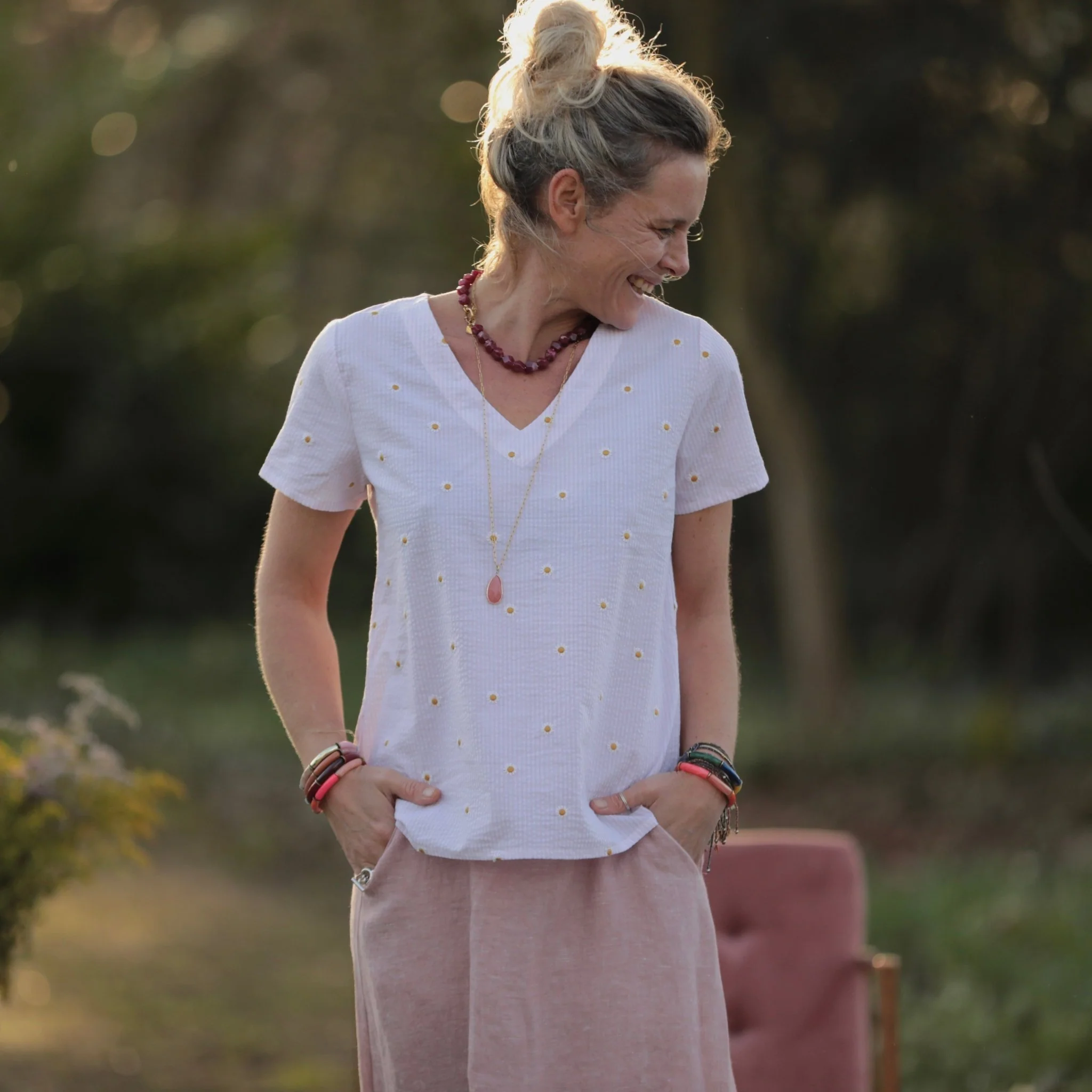 Blouse Nila - Seersucker rayé rose & pâquerettes - Image 4