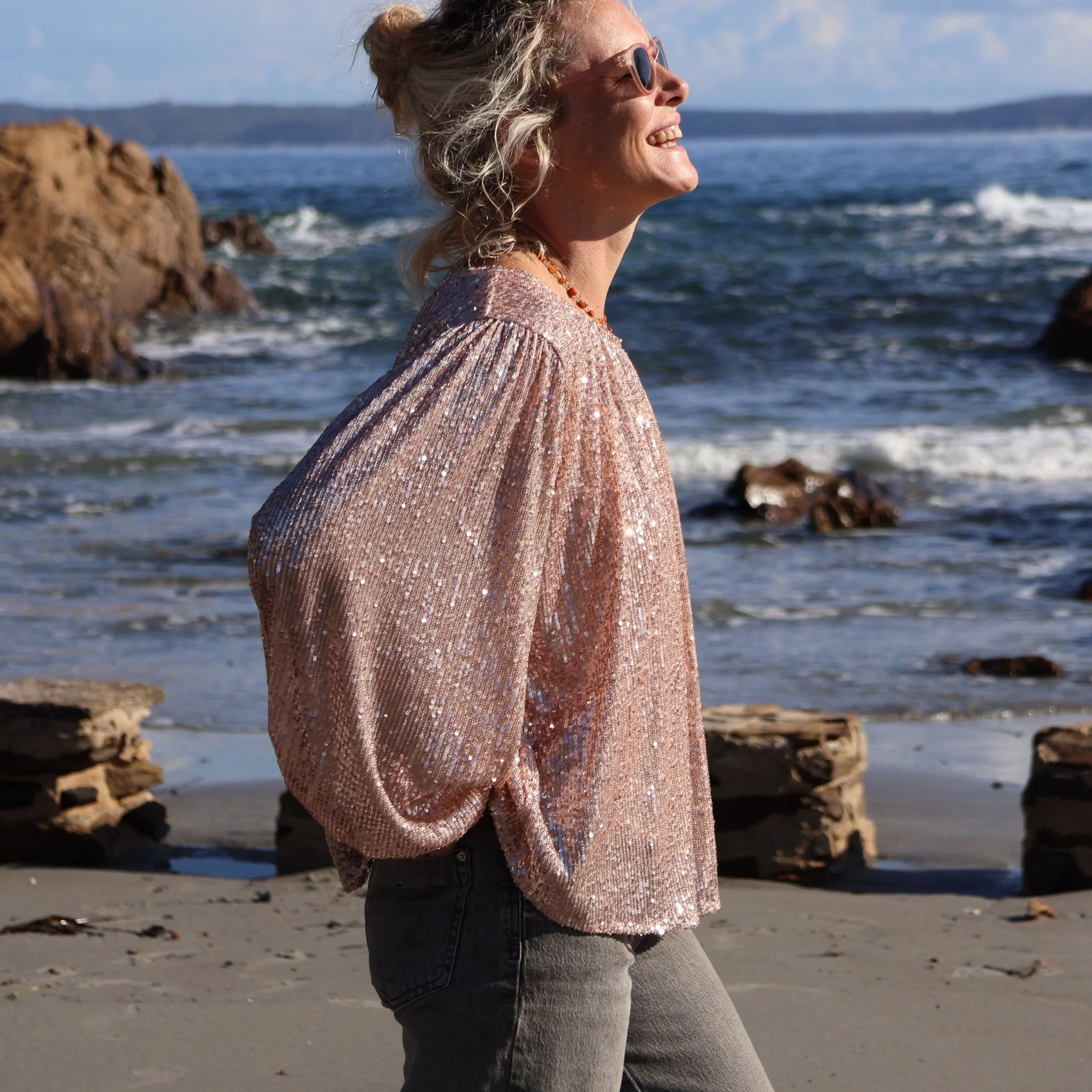 Blouse Séraphine - sequins dorés / doublure coton rosé - Image 4
