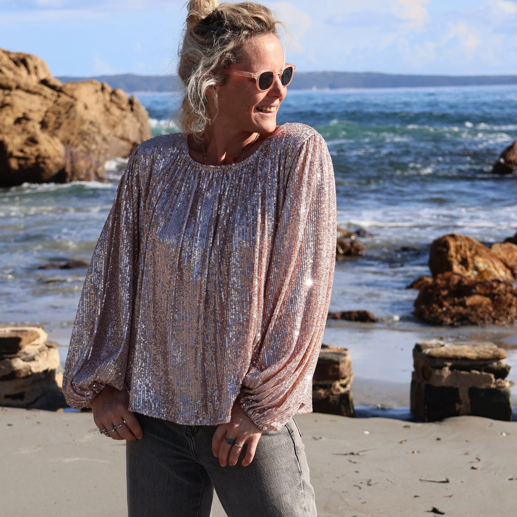 Blouse Séraphine - sequins dorés / doublure coton rosé - Image 5