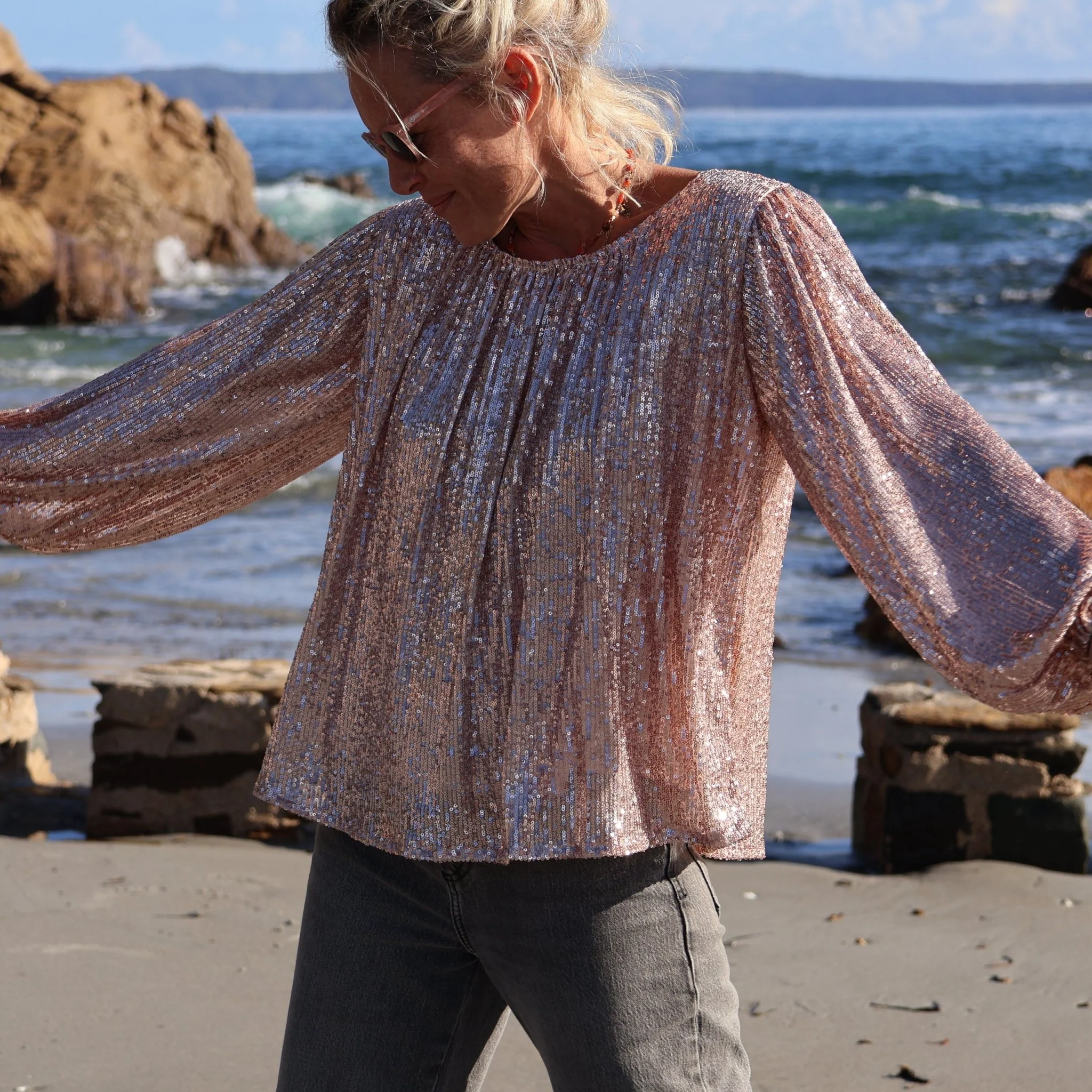 Blouse Séraphine - sequins dorés / doublure coton rosé - Image 6
