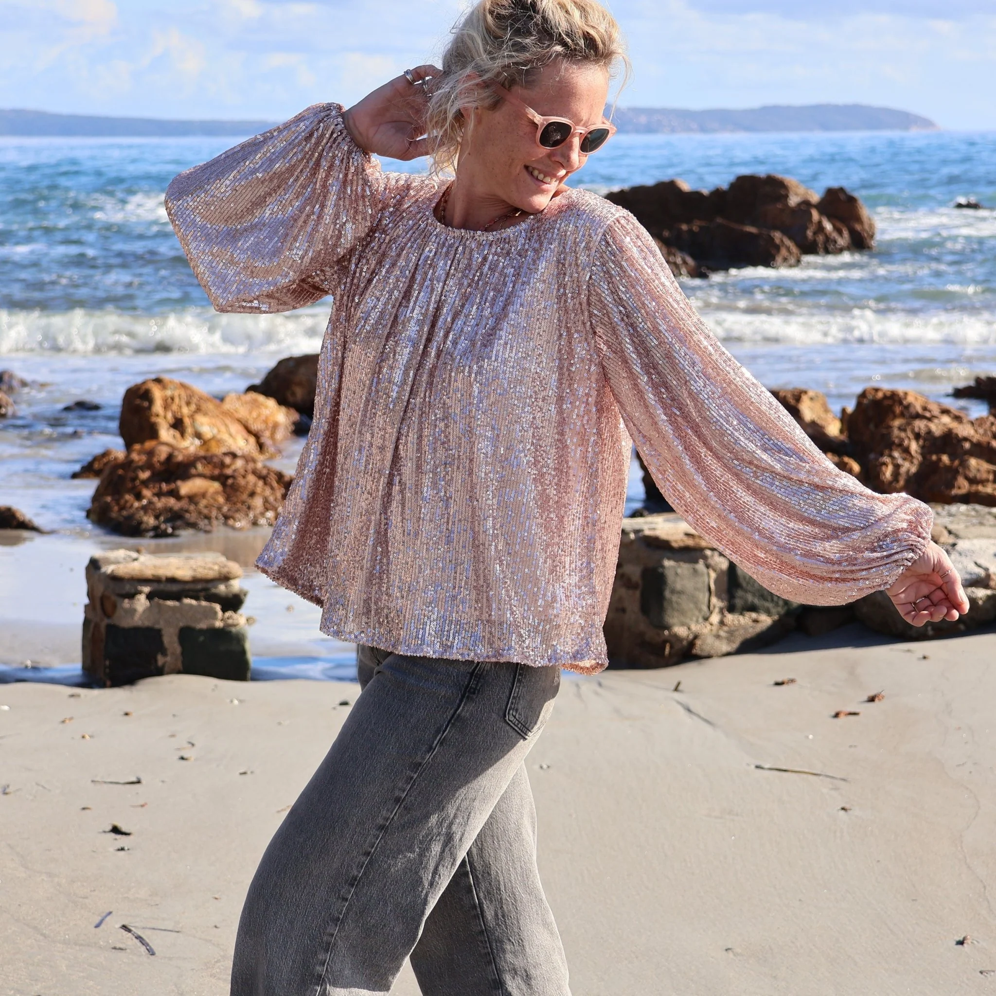 Blouse Séraphine - sequins dorés / doublure coton rosé - Image 7