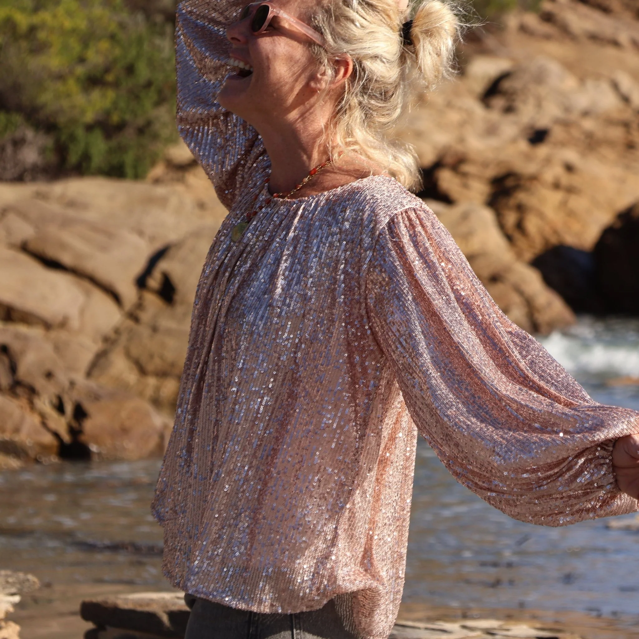 Blouse Séraphine - sequins dorés / doublure coton rosé - Image 9