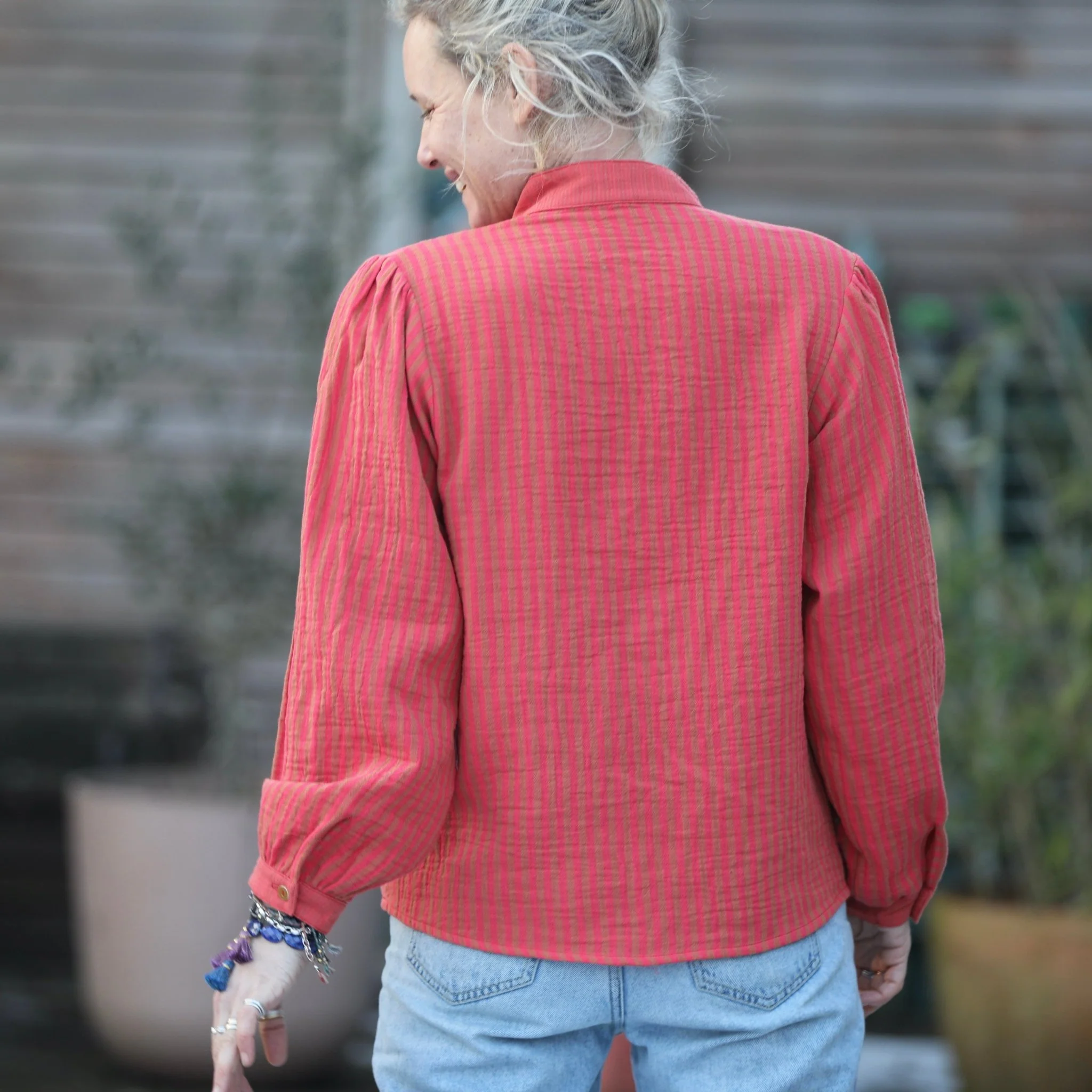 Blouse Thémis - double gaze de coton rayé corail/camel - Image 3