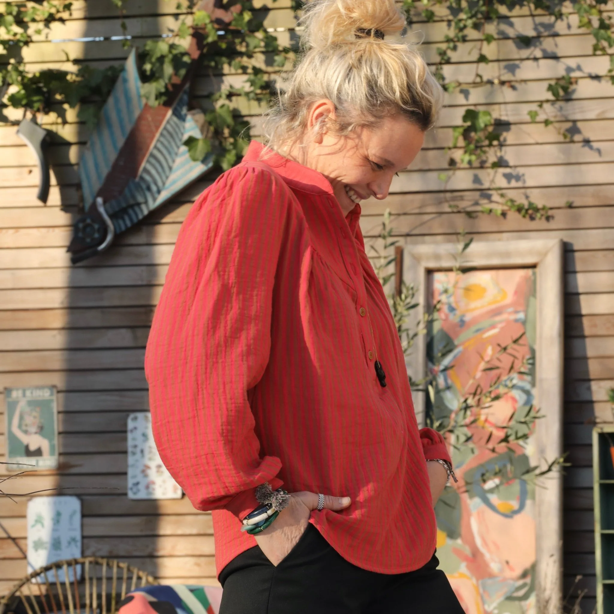 Blouse Thémis - double gaze de coton rayé corail/camel - Image 7