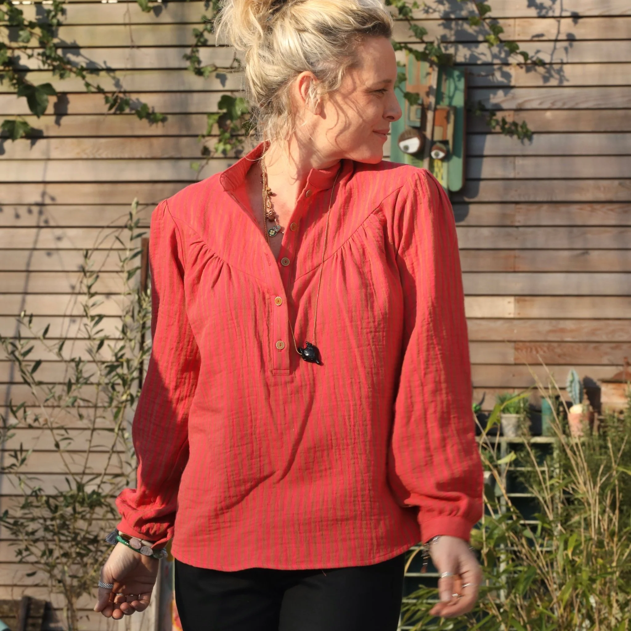 Blouse Thémis - double gaze de coton rayé corail/camel - Image 9