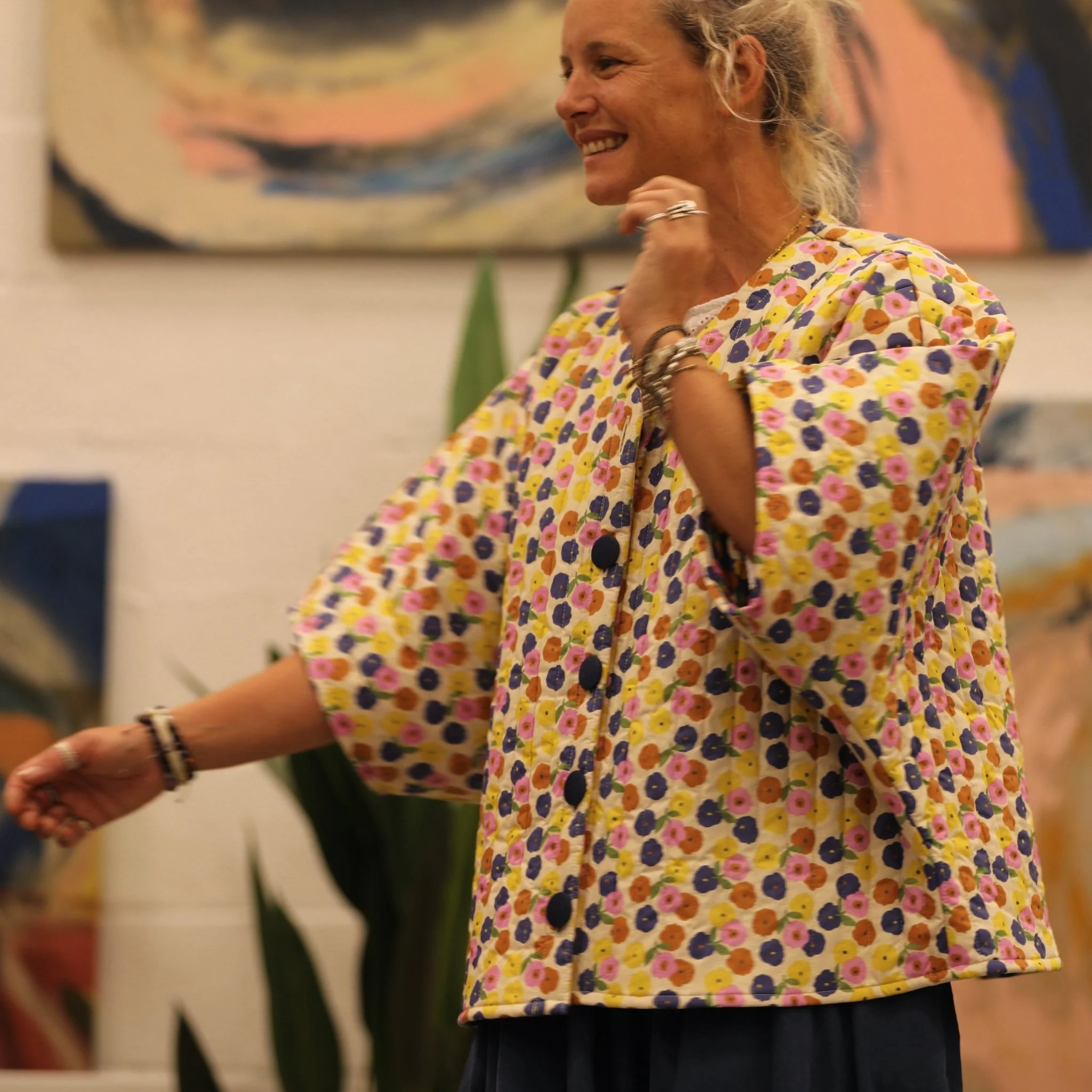 Veste kimono Yoko - coton matelassé imprimé fleuri pop - Image 11