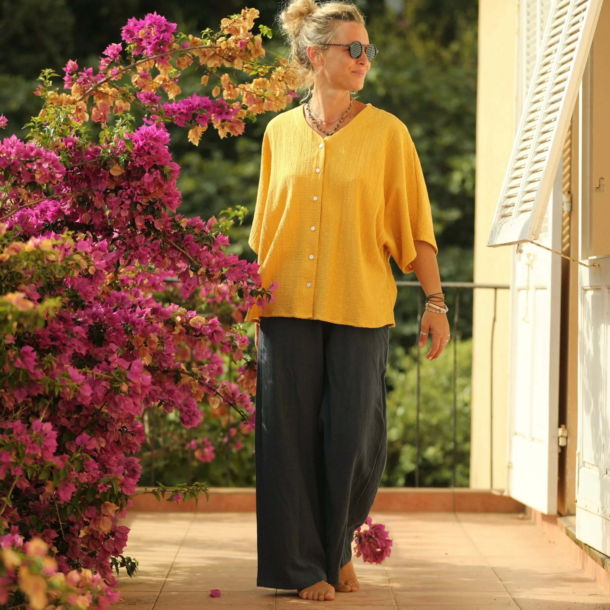 Blouse Yoko - double gaze de coton fleurie ocre - Image 4