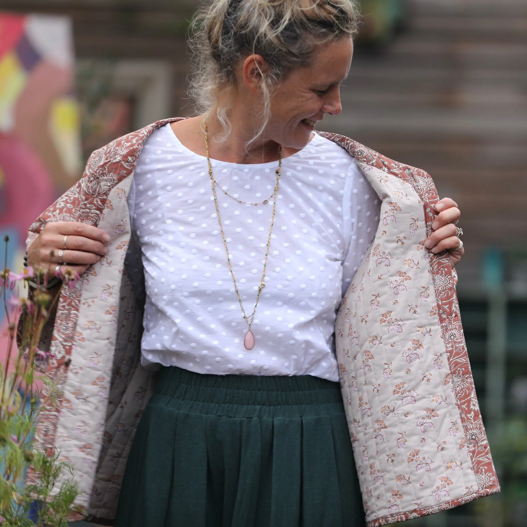 Veste kimono Yoko - coton matelassé imprimé châtaignier / envers fleuri rosé - Image 6